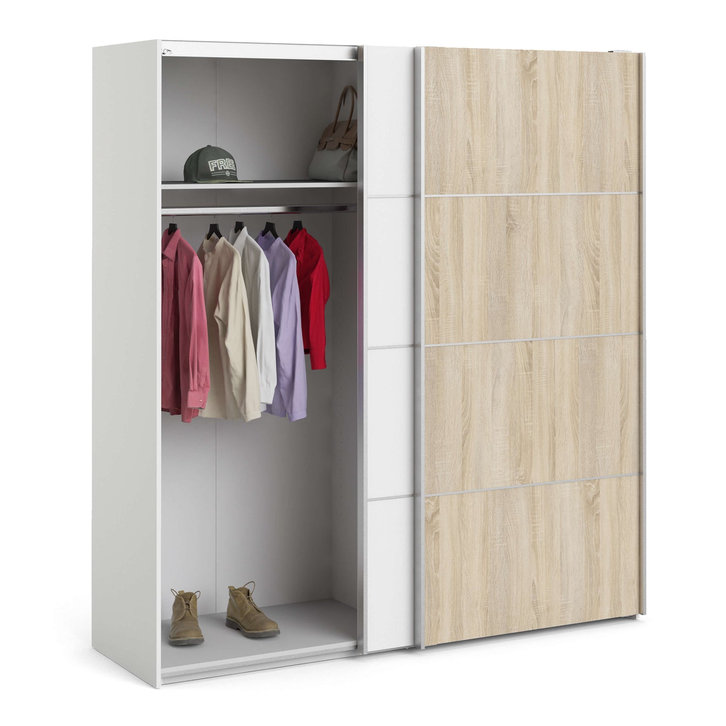 Verona Sliding Wardrobe 180cm in White with White and Oak doors with 2 Shelves ModelBedroom