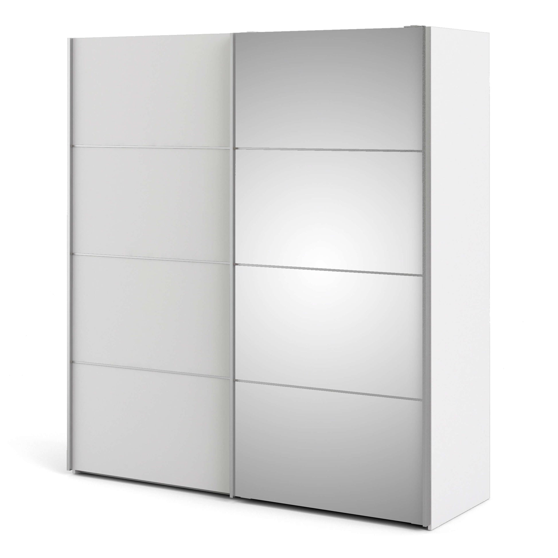 Verona Sliding Wardrobe 180cm in White with White and Mirror Doors with 2 Shelves ModelBedroom