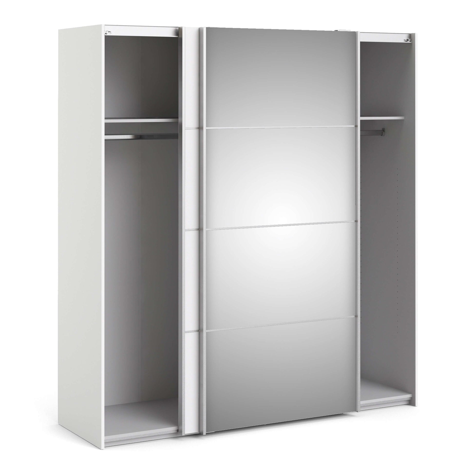 Verona Sliding Wardrobe 180cm in White with White and Mirror Doors with 2 Shelves ModelBedroom