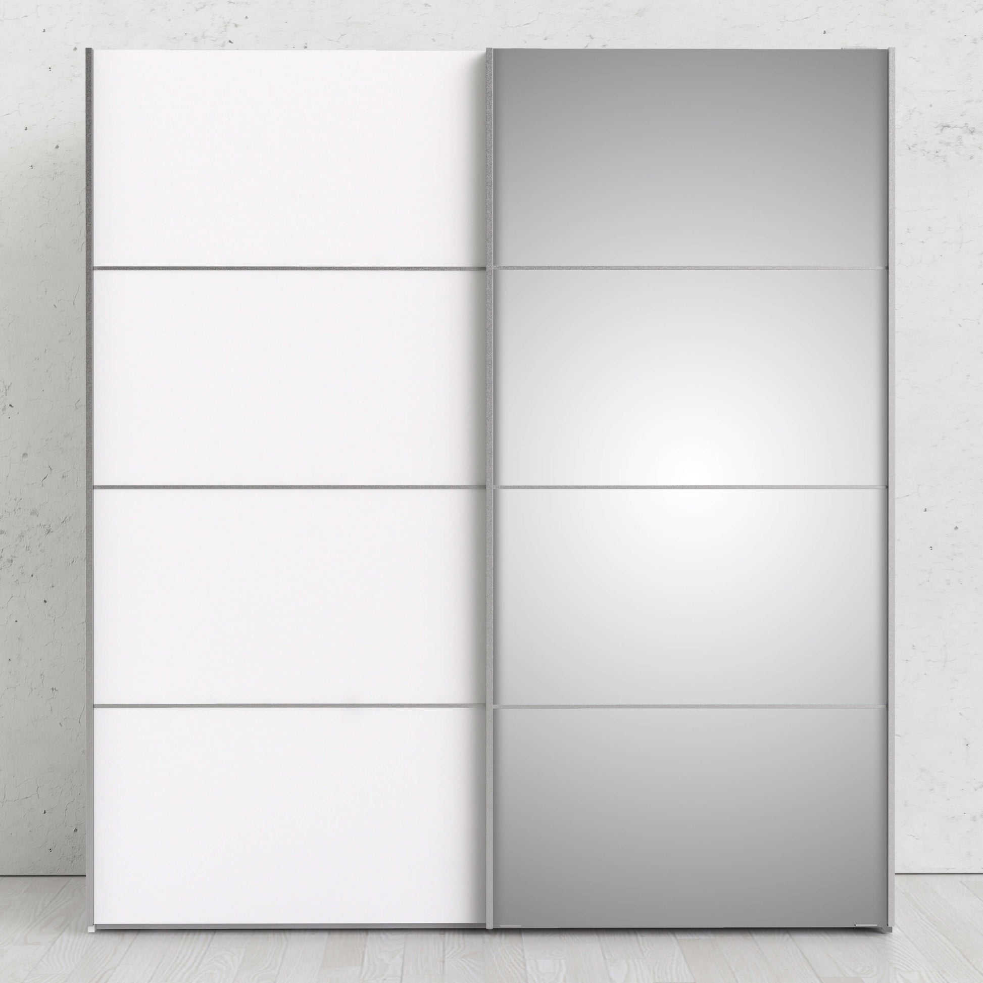 Verona Sliding Wardrobe 180cm in White with White and Mirror Doors with 2 Shelves ModelBedroom