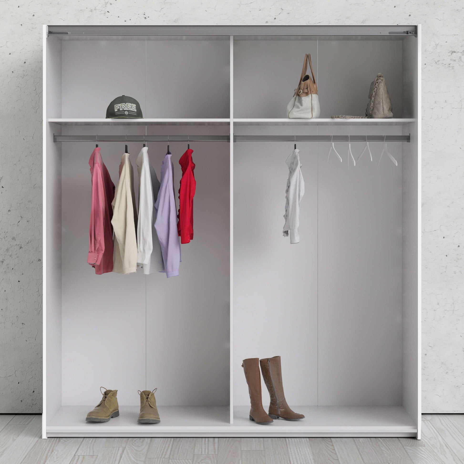 Verona Sliding Wardrobe 180cm in White with White and Mirror Doors with 2 Shelves ModelBedroom