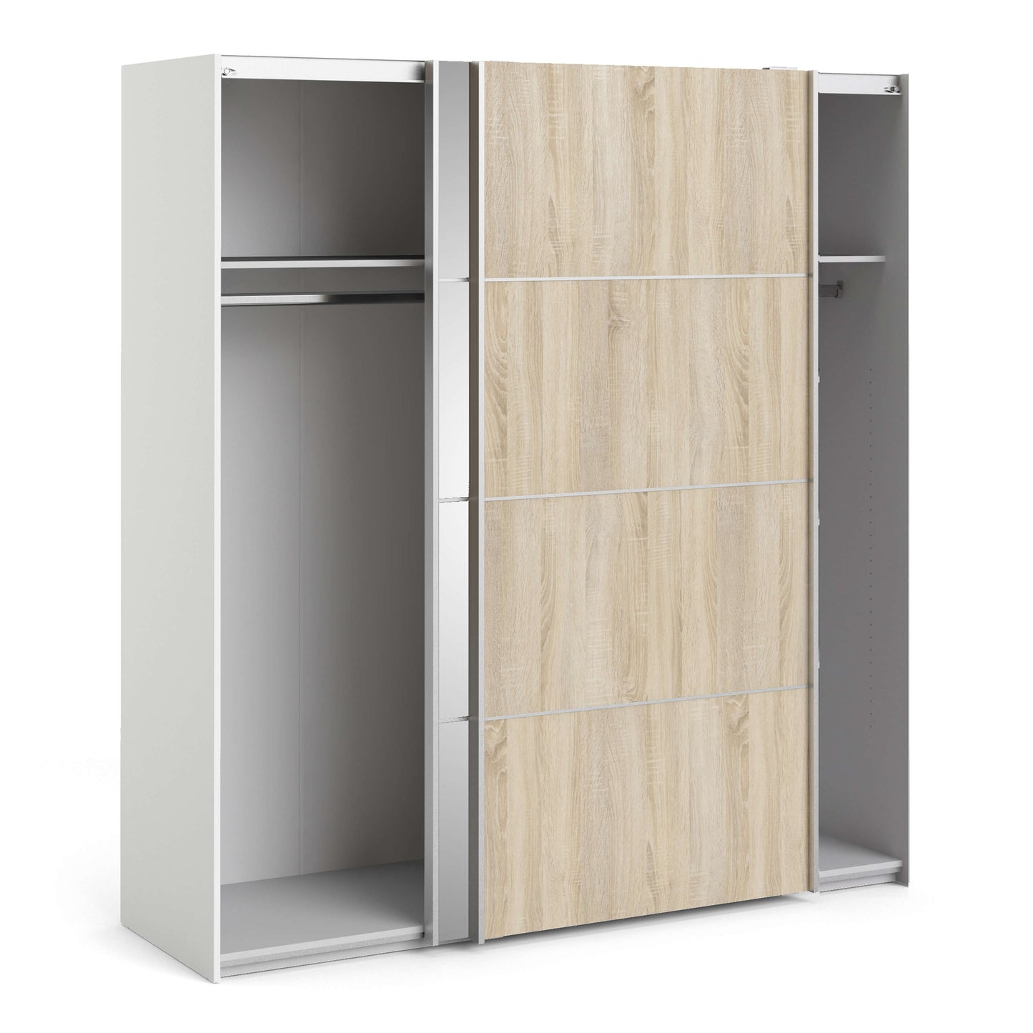 Verona Sliding Wardrobe 180cm in White with Oak and Mirror Doors with 2 Shelves ModelBedroom