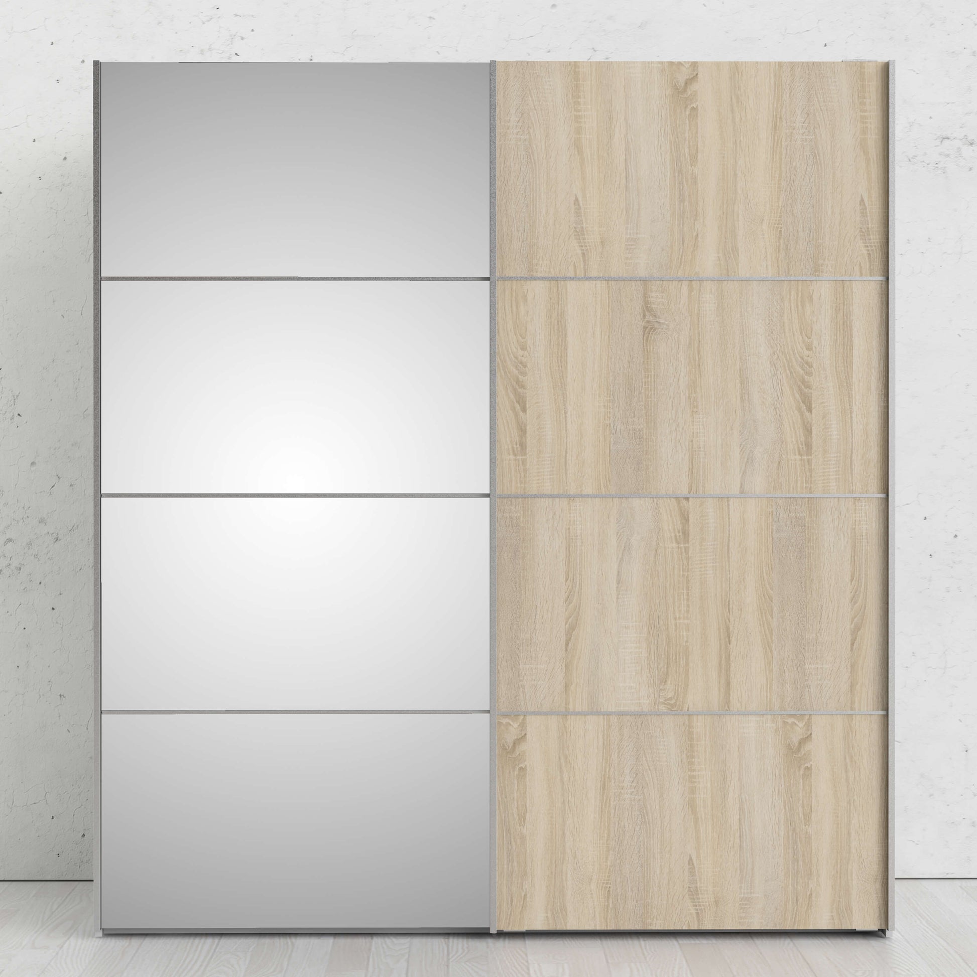 Verona Sliding Wardrobe 180cm in White with Oak and Mirror Doors with 2 Shelves ModelBedroom