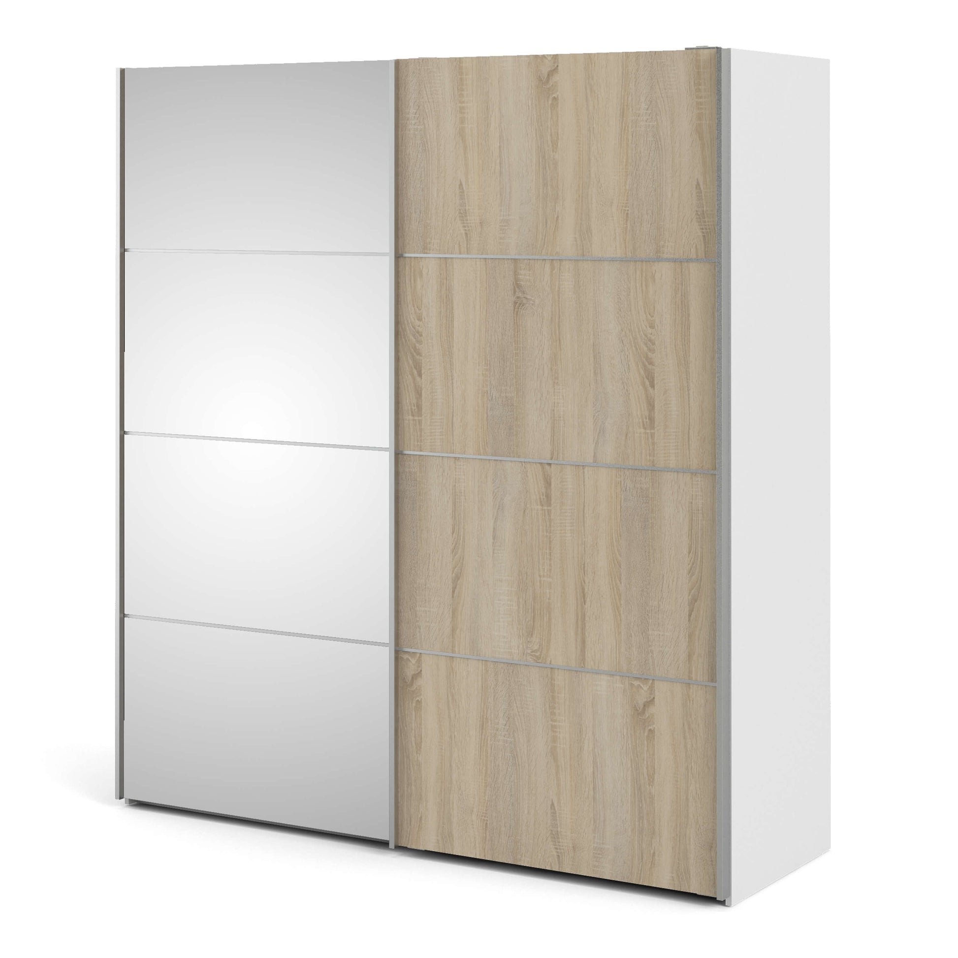 Verona Sliding Wardrobe 180cm in White with Oak and Mirror Doors with 5 Shelves ModelBedroom