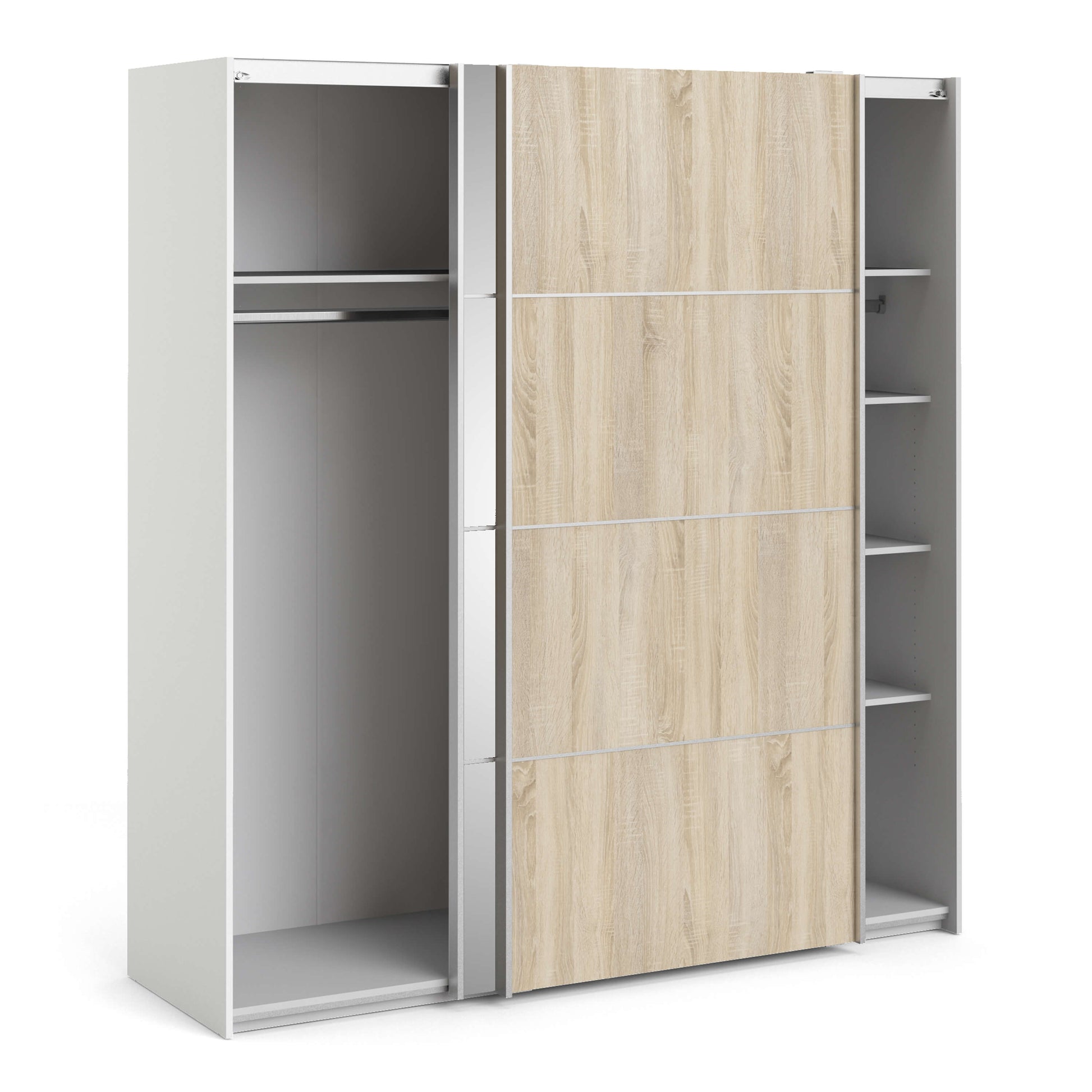Verona Sliding Wardrobe 180cm in White with Oak and Mirror Doors with 5 Shelves ModelBedroom