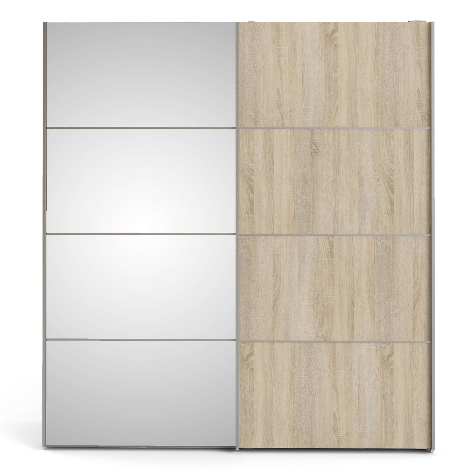 Verona Sliding Wardrobe 180cm in White with Oak and Mirror Doors with 5 Shelves ModelBedroom