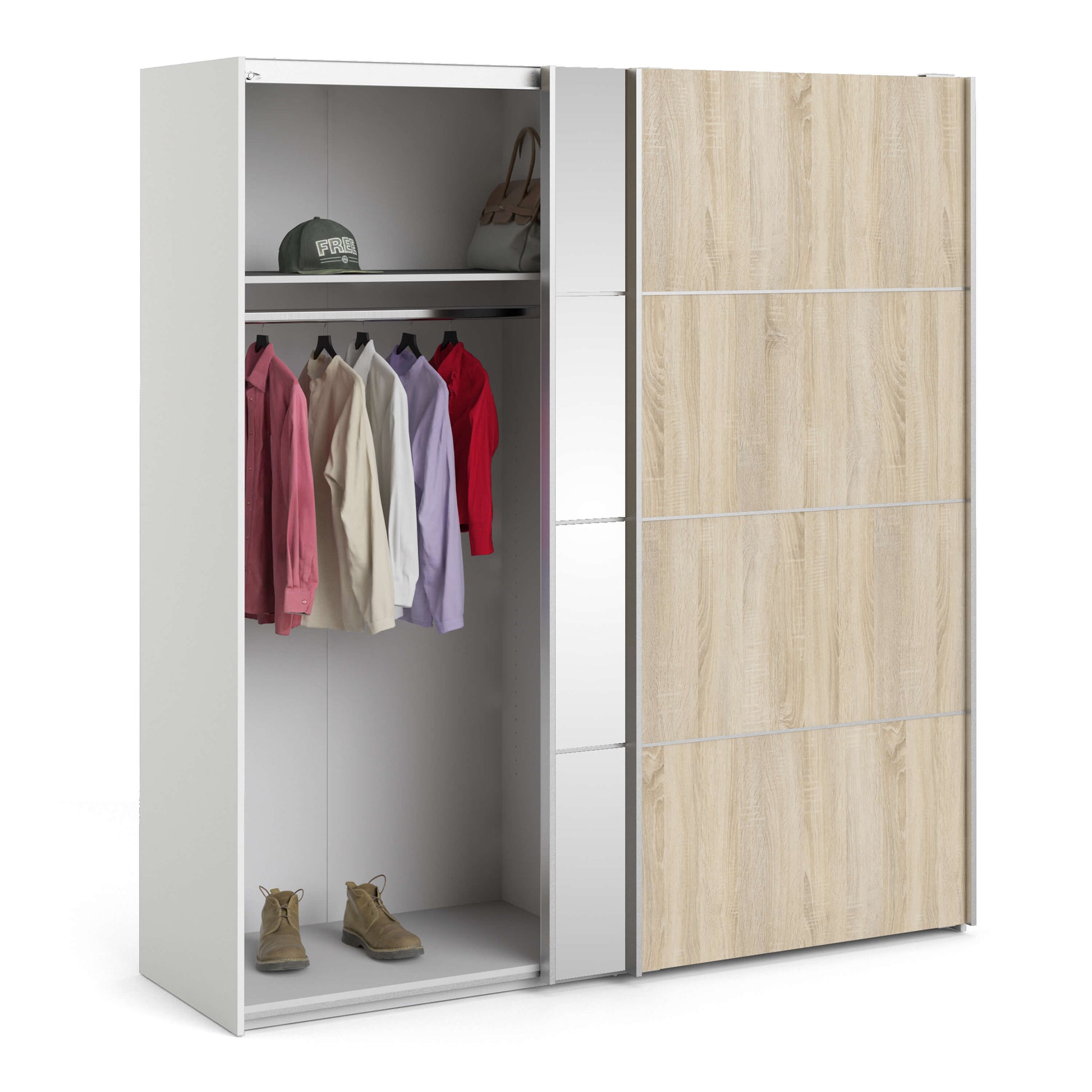 Verona Sliding Wardrobe 180cm in White with Oak and Mirror Doors with 5 Shelves ModelBedroom