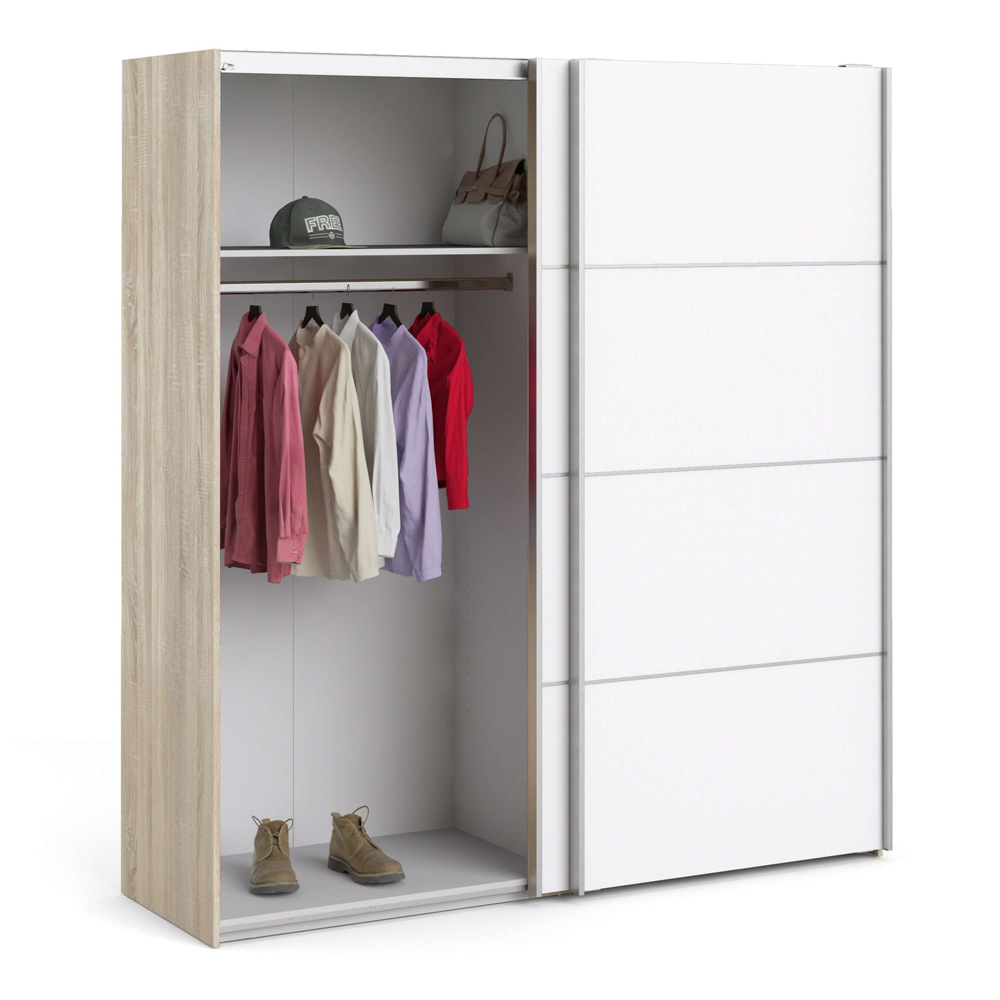 Verona Sliding Wardrobe 180cm in Oak with White Doors with 2 Shelves ModelBedroom