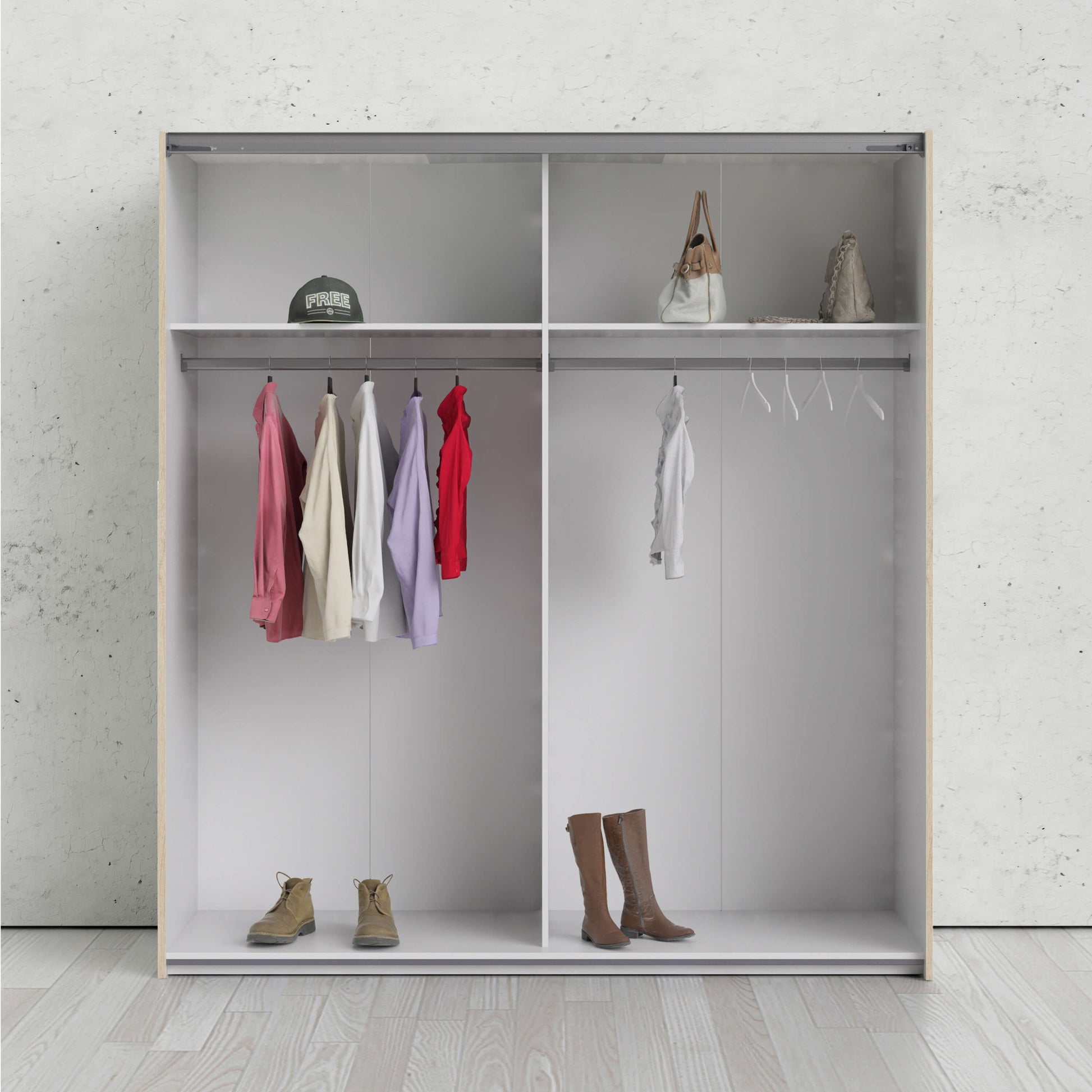 Verona Sliding Wardrobe 180cm in Oak with White Doors with 2 Shelves ModelBedroom