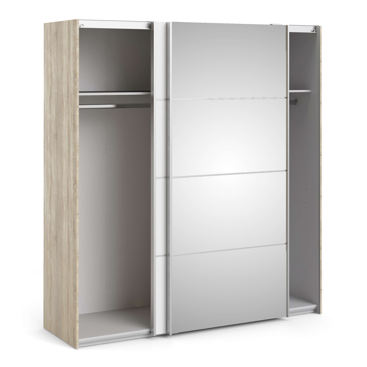 Verona Sliding Wardrobe 180cm in Oak with White and Mirror Doors with 2 Shelves ModelBedroom