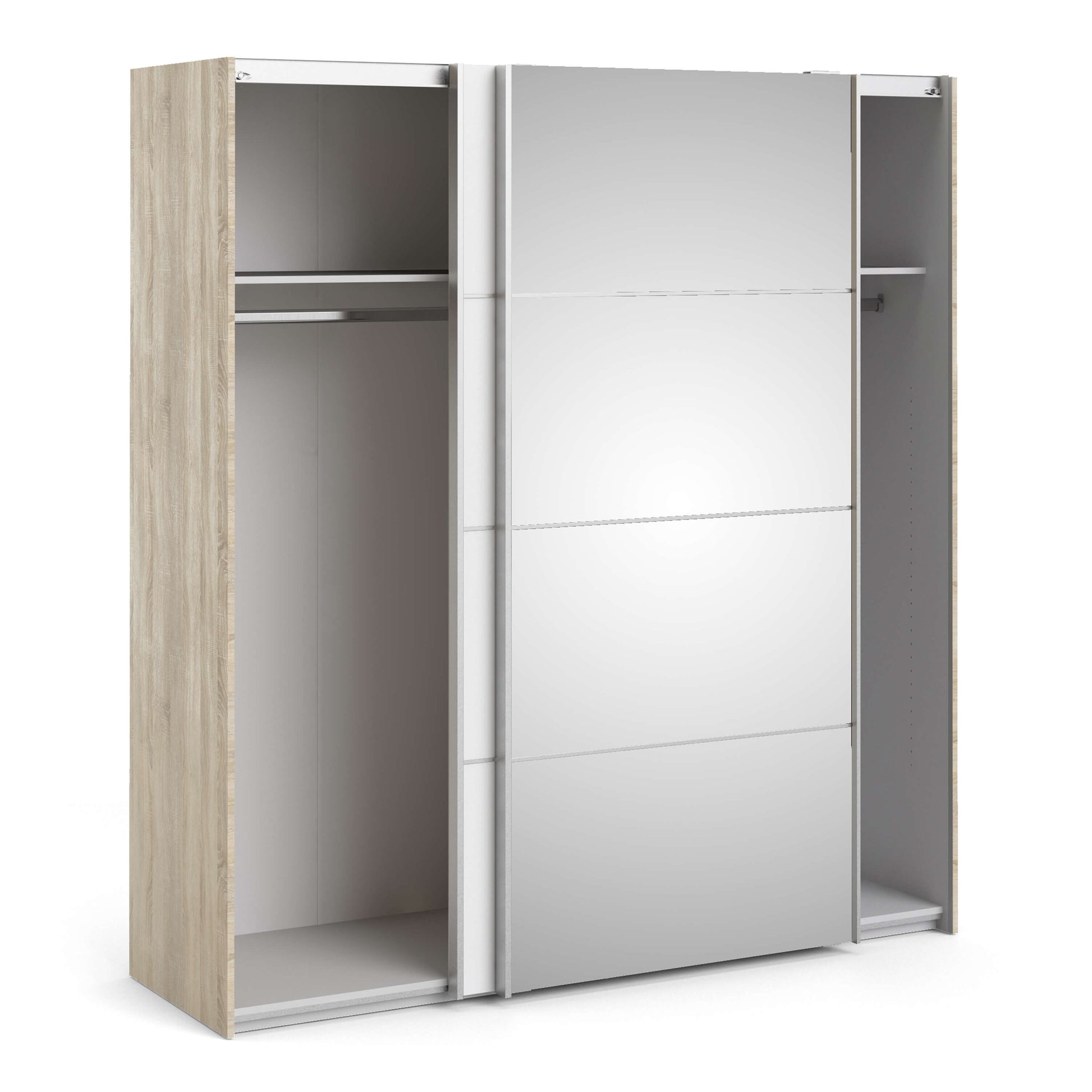 Verona Sliding Wardrobe 180cm in Oak with White and Mirror Doors with 2 Shelves ModelBedroom