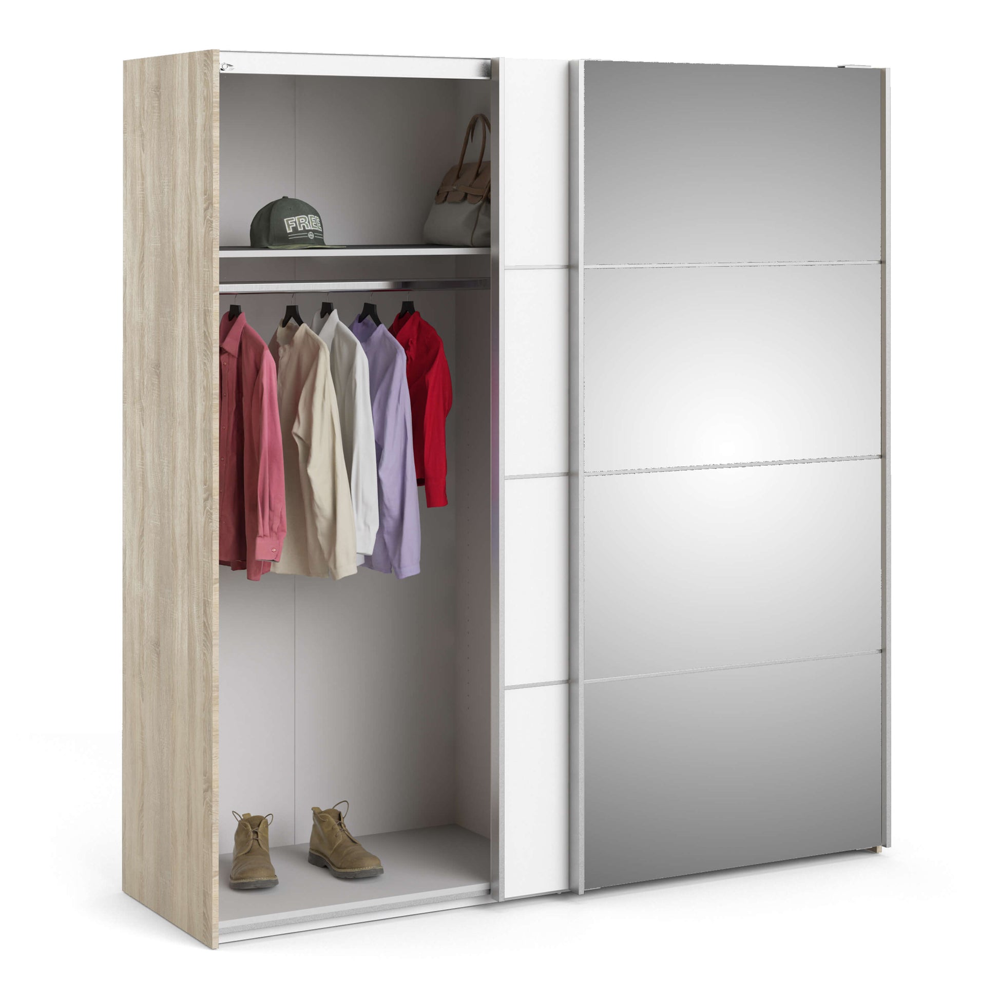 Verona Sliding Wardrobe 180cm in Oak with White and Mirror Doors with 2 Shelves ModelBedroom