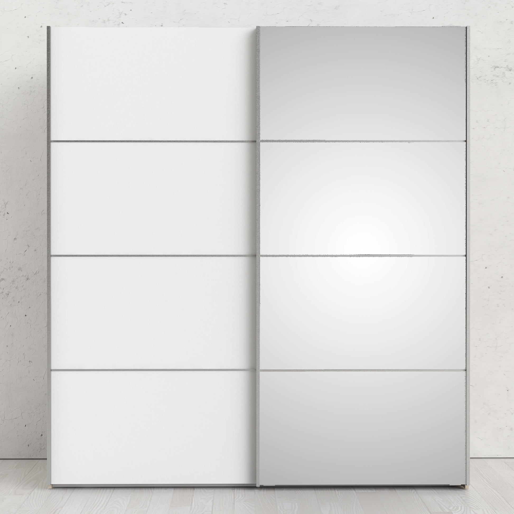 Verona Sliding Wardrobe 180cm in Oak with White and Mirror Doors with 2 Shelves ModelBedroom