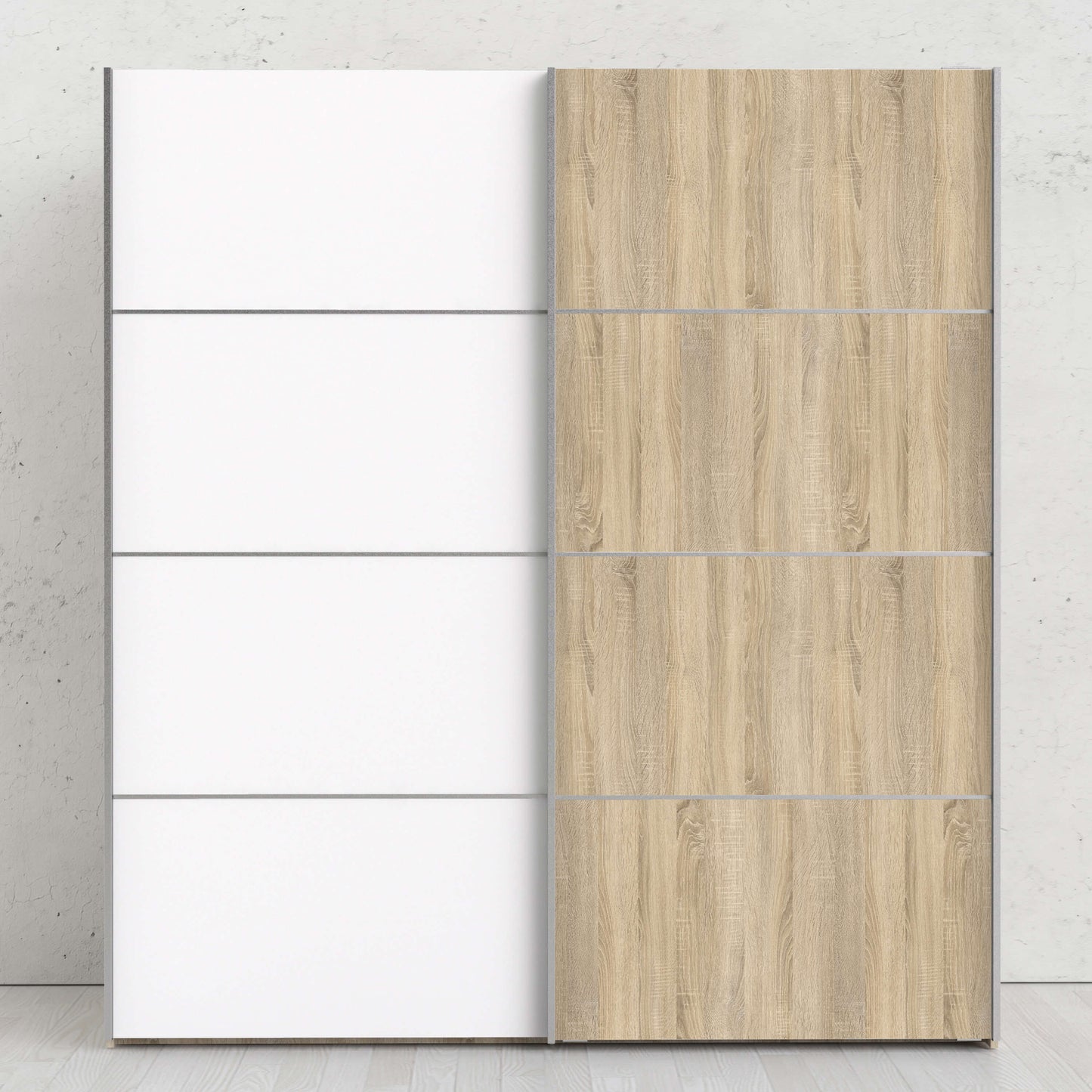 Verona Sliding Wardrobe 180cm in Oak with White and Oak doors with 5 Shelves ModelBedroom