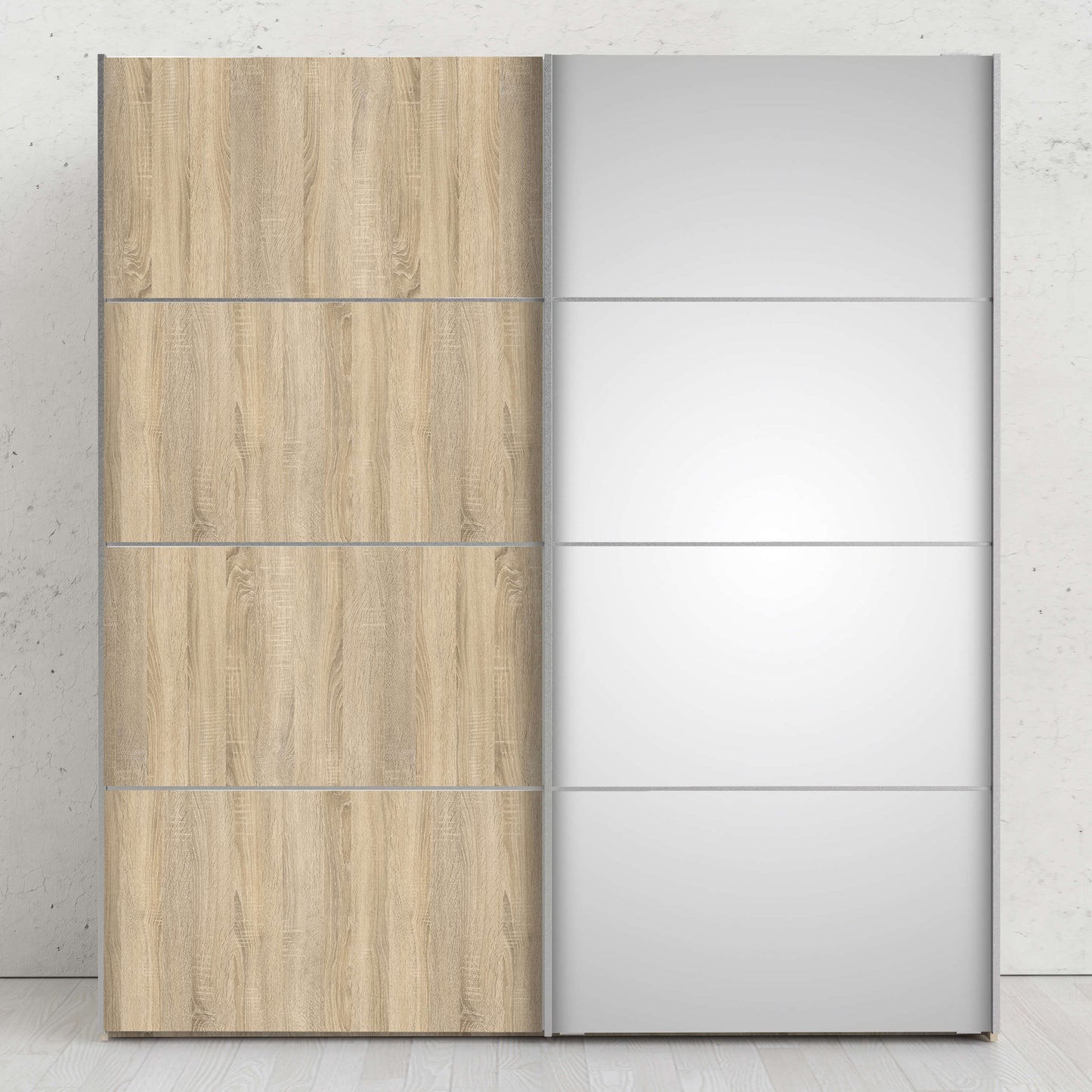 Verona Sliding Wardrobe 180cm in Oak with Oak and Mirror Doors with 5 Shelves ModelBedroom