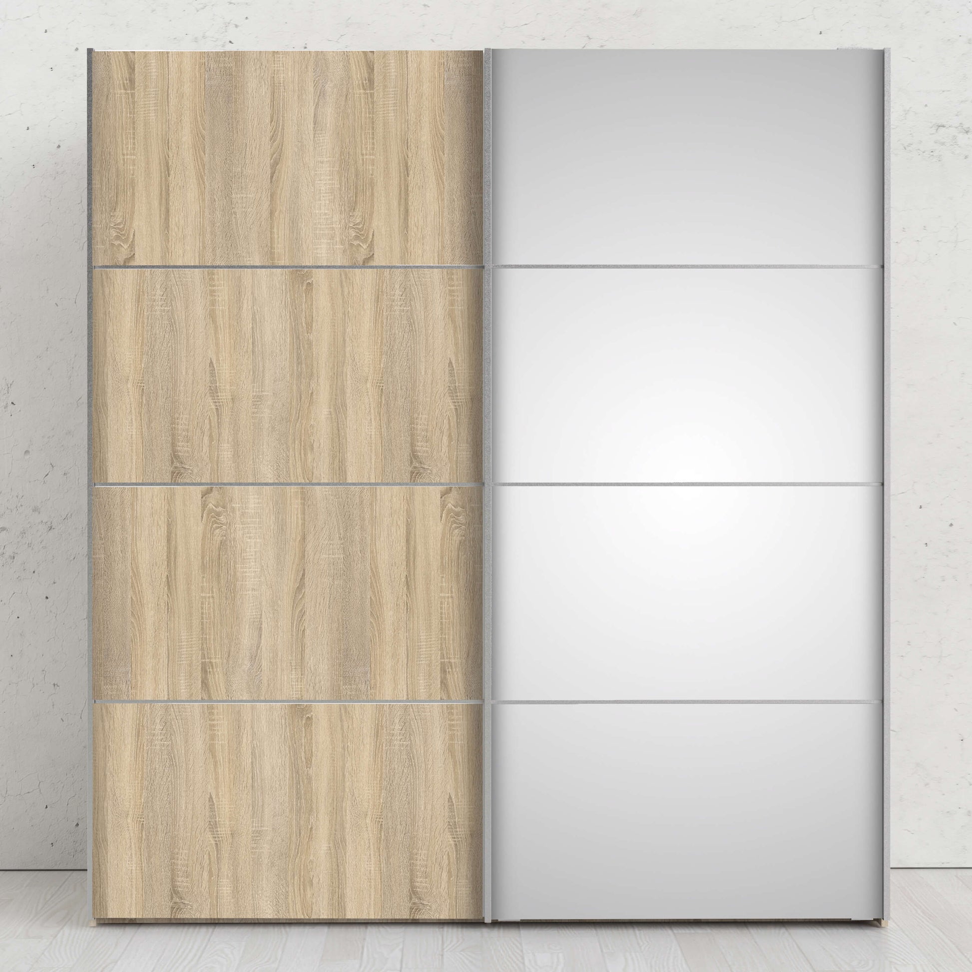 Verona Sliding Wardrobe 180cm in Oak with Oak and Mirror Doors with 5 Shelves ModelBedroom