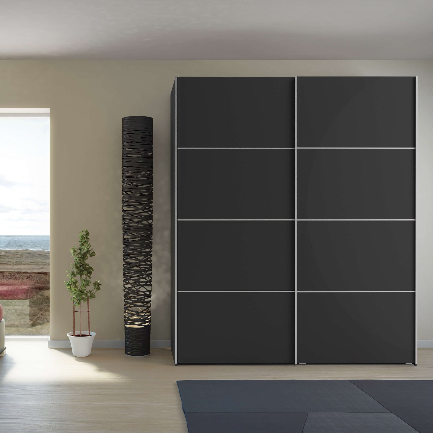 Verona Sliding Wardrobe 180cm in Black Matt with Black Matt Doors with 2 Shelves ModelBedroom