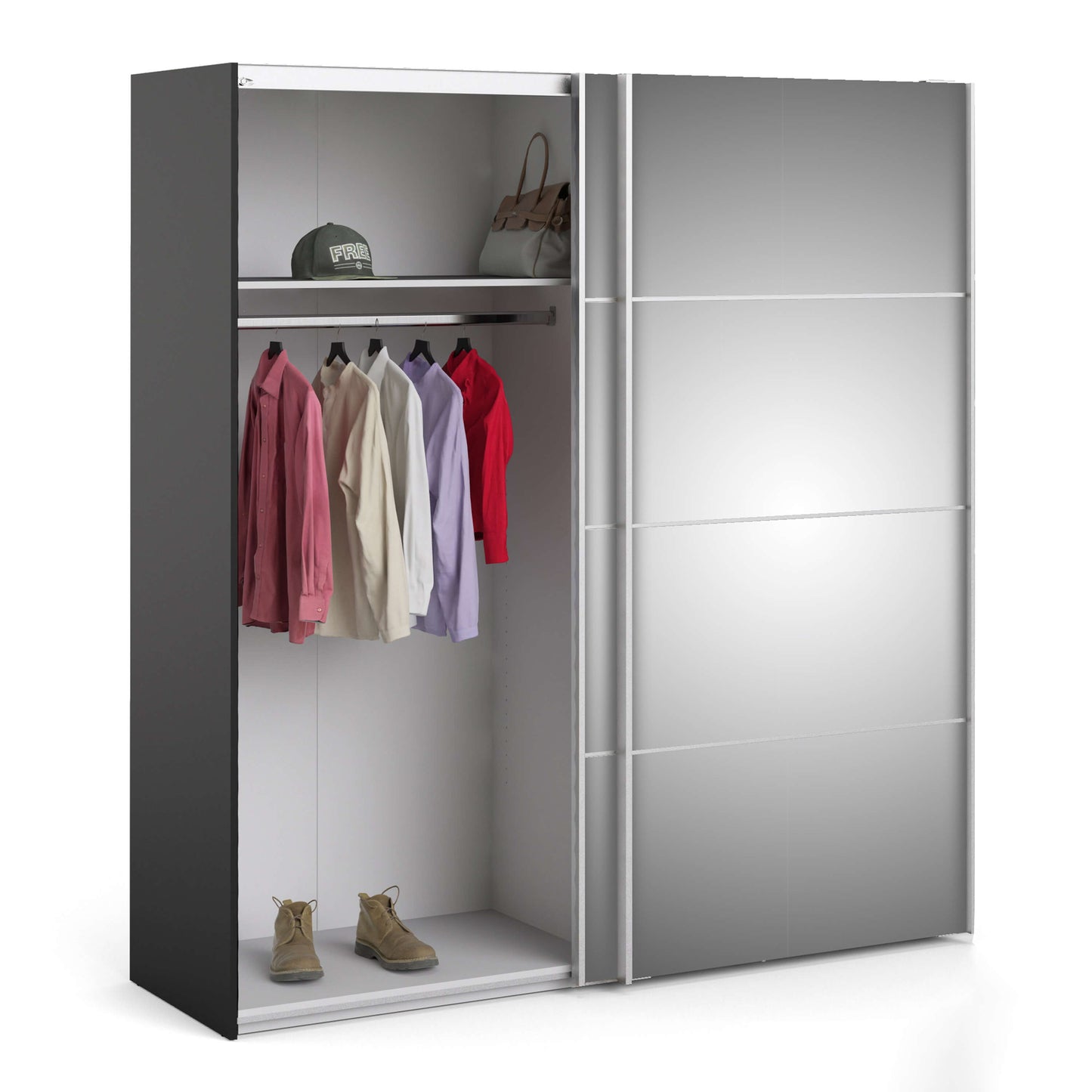 Verona Sliding Wardrobe 180cm in Black Matt with Mirror Doors with 2 Shelves ModelBedroom