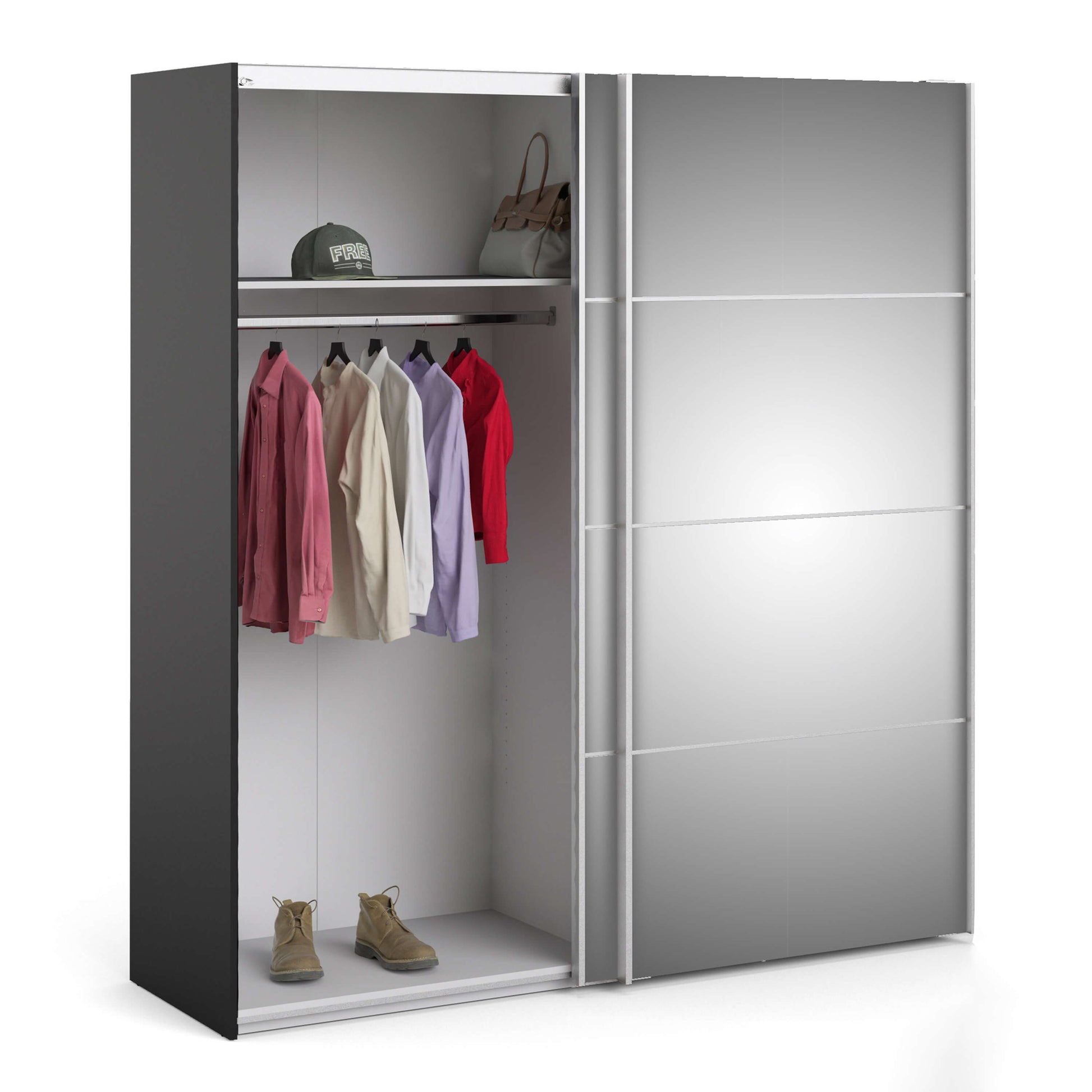 Verona Sliding Wardrobe 180cm in Black Matt with Mirror Doors with 2 Shelves ModelBedroom