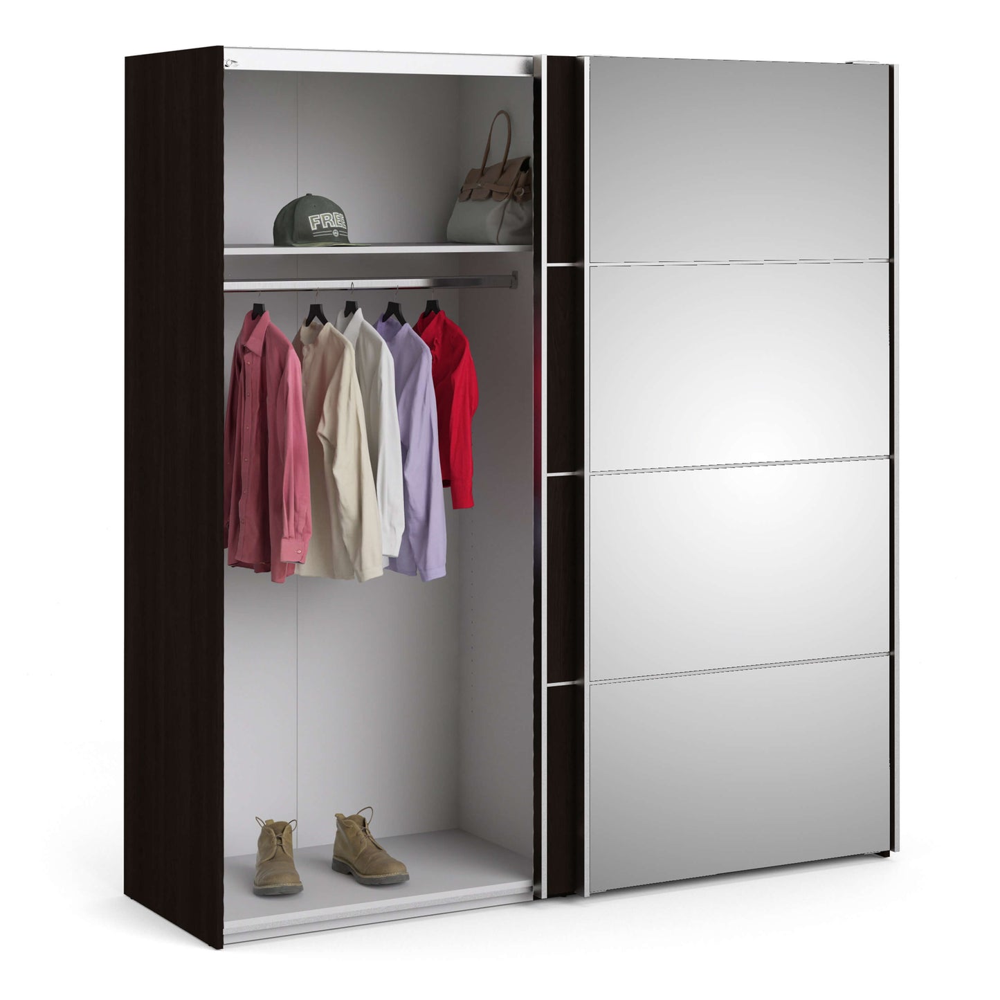 Verona Sliding Wardrobe 180cm in Black Matt with Black Matt and Mirror Doors with 2 Shelves ModelBedroom