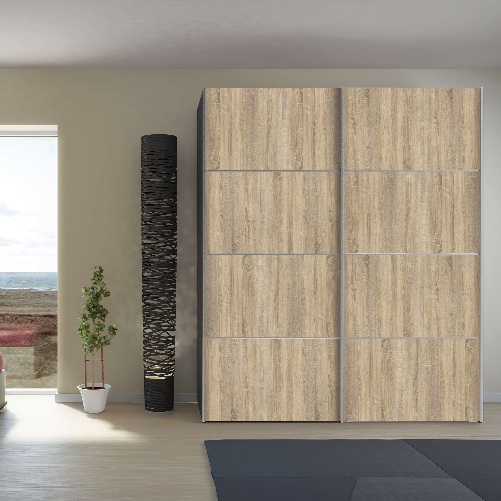 Verona Sliding Wardrobe 180cm in Black Matt with Oak Doors with 2 Shelves ModelBedroom