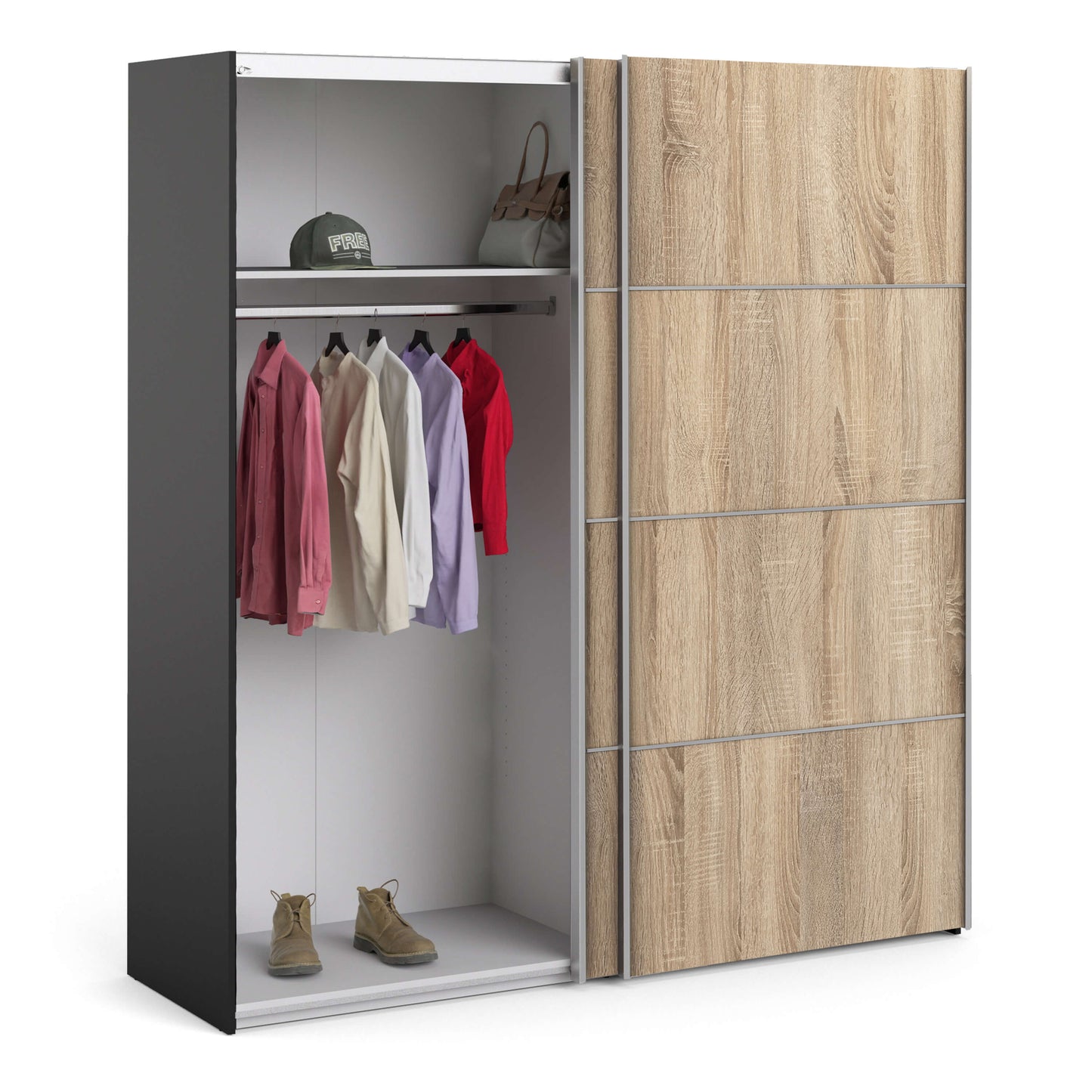 Verona Sliding Wardrobe 180cm in Black Matt with Oak Doors with 2 Shelves ModelBedroom