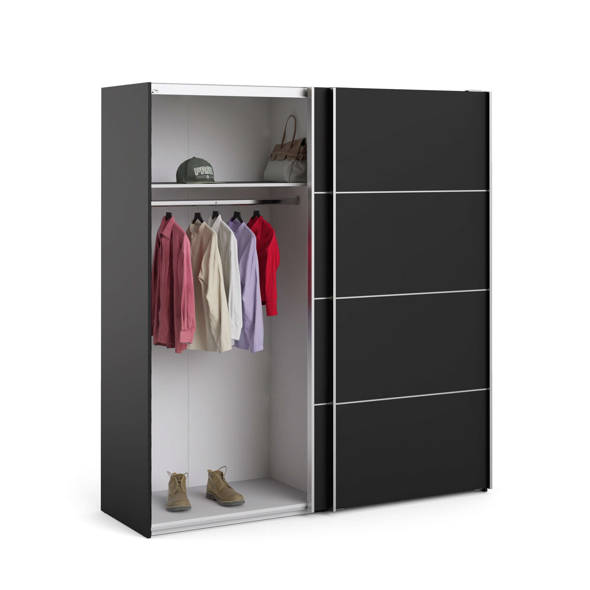 Verona Sliding Wardrobe 180cm in Black Matt with Black Matt Doors with 5 Shelves ModelBedroom