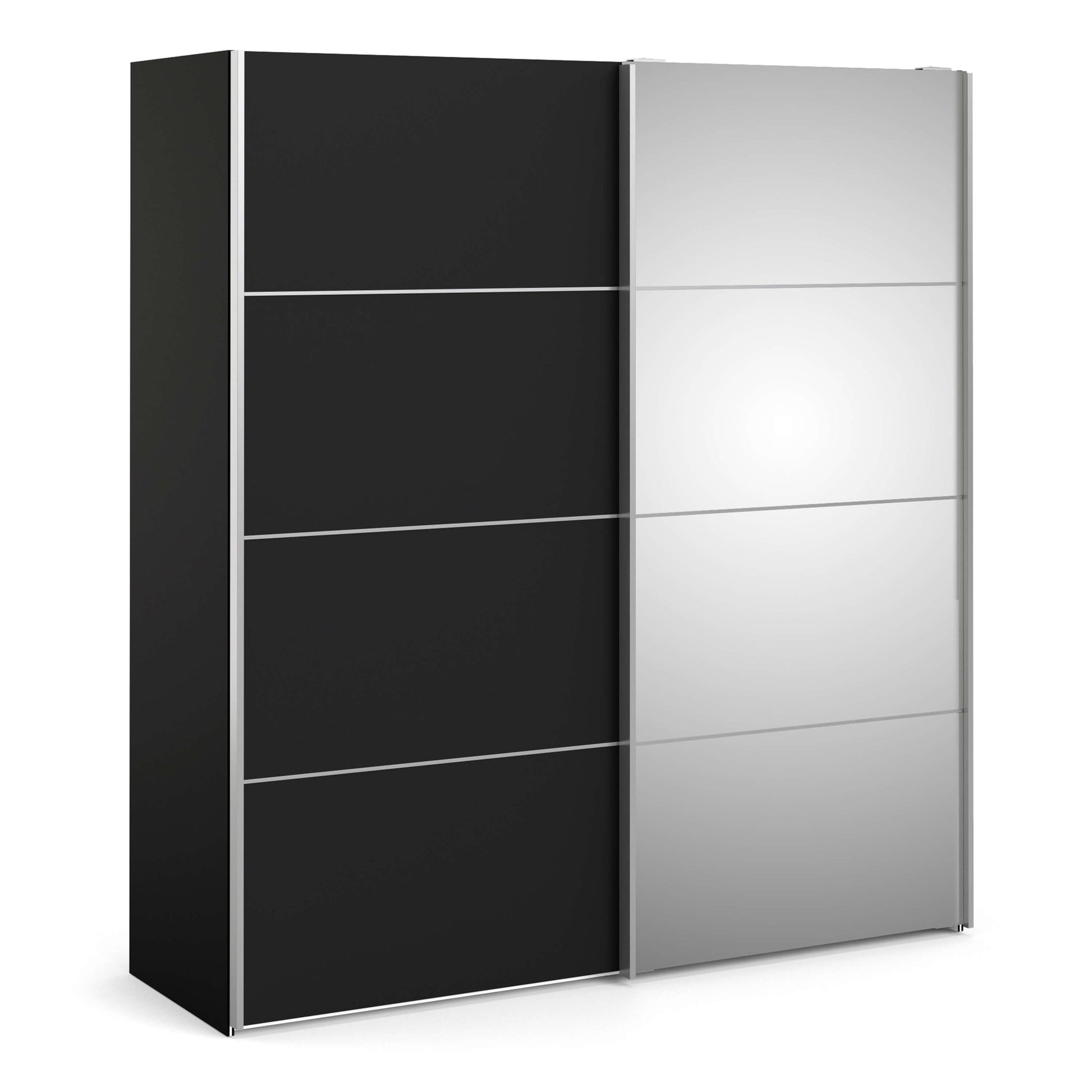 Verona Sliding Wardrobe 180cm in Black Matt with Black Matt and Mirror Doors with 5 Shelves ModelBedroom