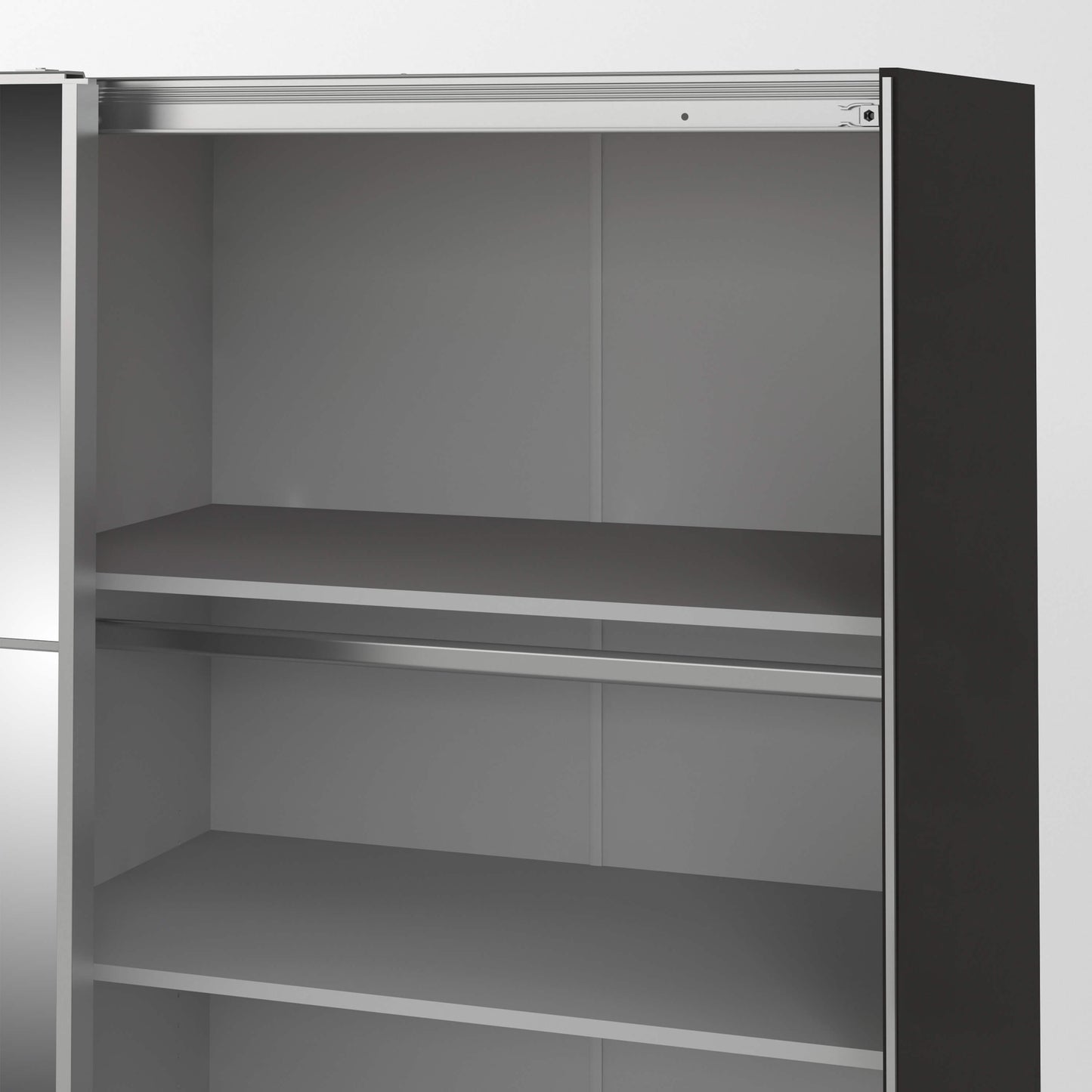 Verona Sliding Wardrobe 180cm in Black Matt with Black Matt and Mirror Doors with 5 Shelves ModelBedroom