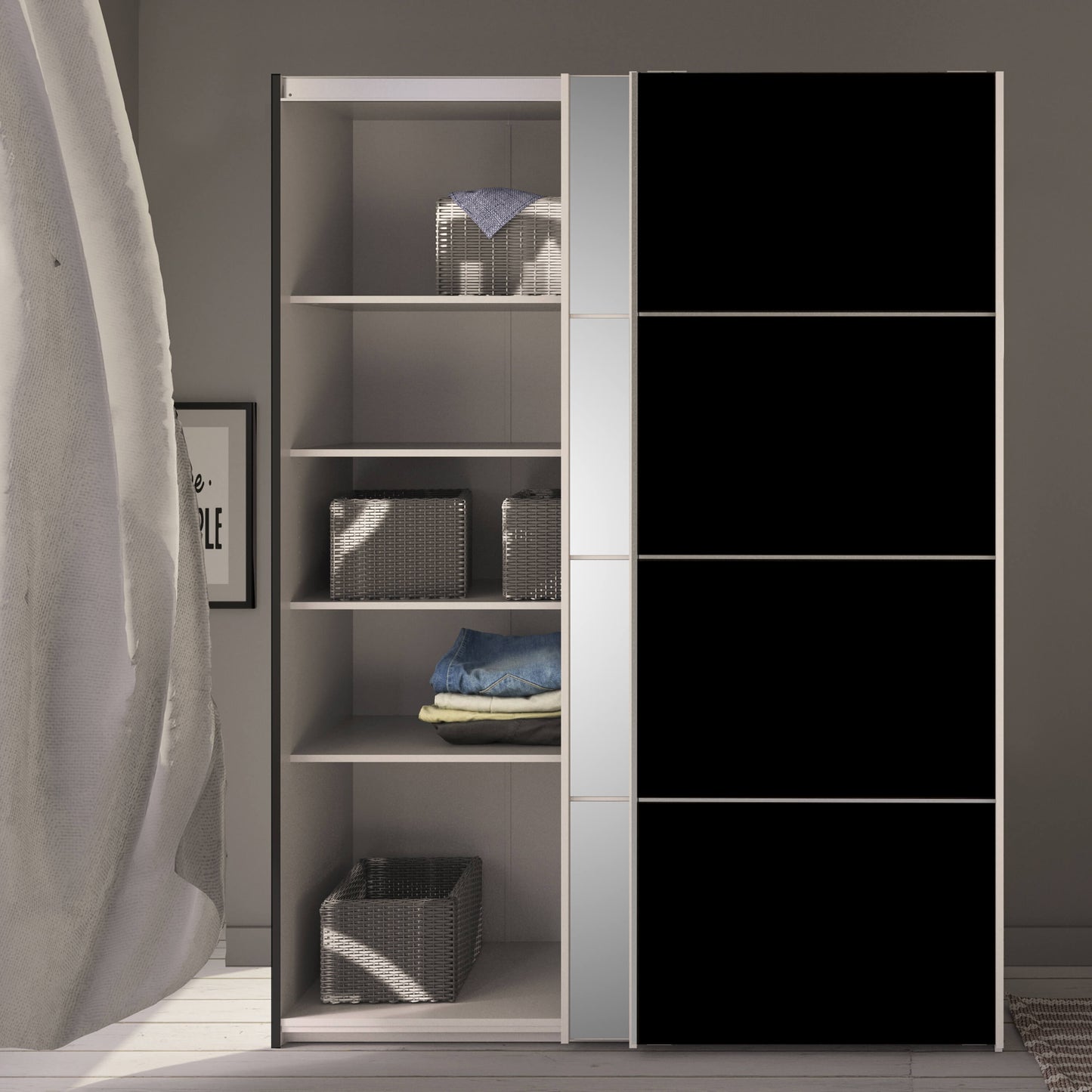 Verona Sliding Wardrobe 180cm in Black Matt with Black Matt and Mirror Doors with 5 Shelves ModelBedroom