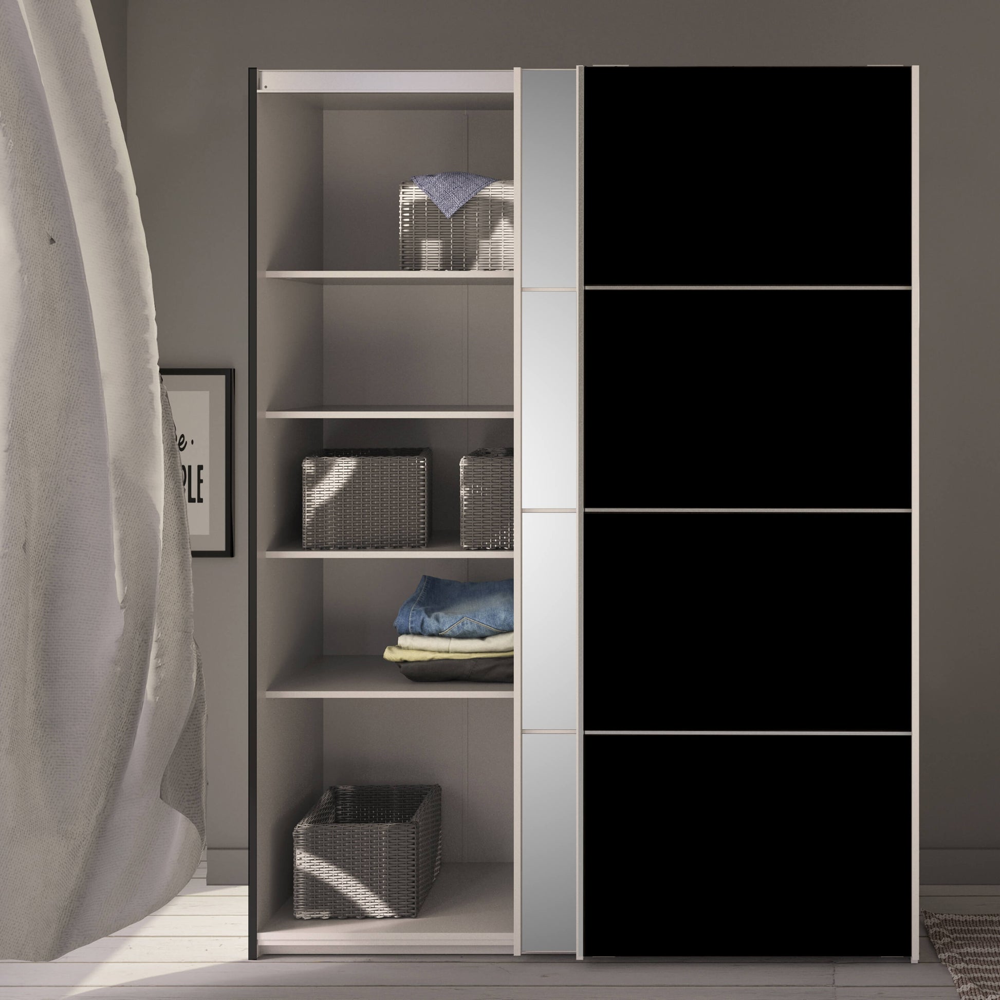 Verona Sliding Wardrobe 180cm in Black Matt with Black Matt and Mirror Doors with 5 Shelves ModelBedroom