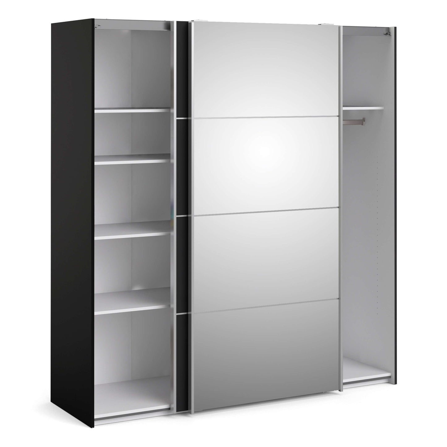 Verona Sliding Wardrobe 180cm in Black Matt with Black Matt and Mirror Doors with 5 Shelves ModelBedroom