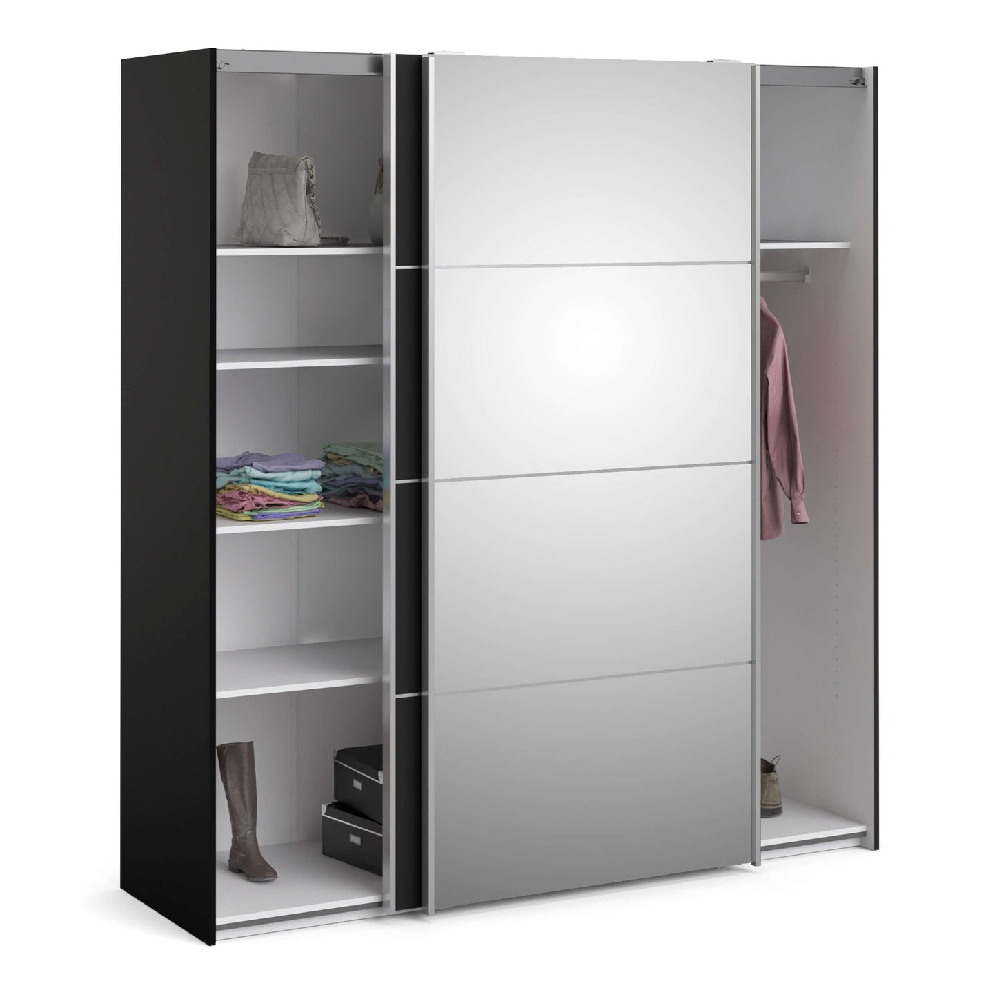 Verona Sliding Wardrobe 180cm in Black Matt with Black Matt and Mirror Doors with 5 Shelves ModelBedroom