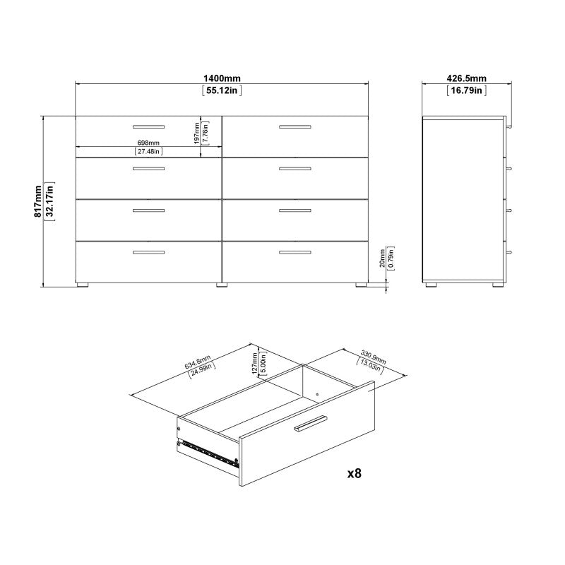 Pepe Wide Chest of 8 Drawers (4+4) in Walnut - 8 Drawer Chest Of Drawers ModelBedroom