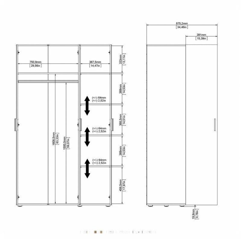 Pepe Wardrobe with 3 doors in Oak with White High Gloss ModelBedroom