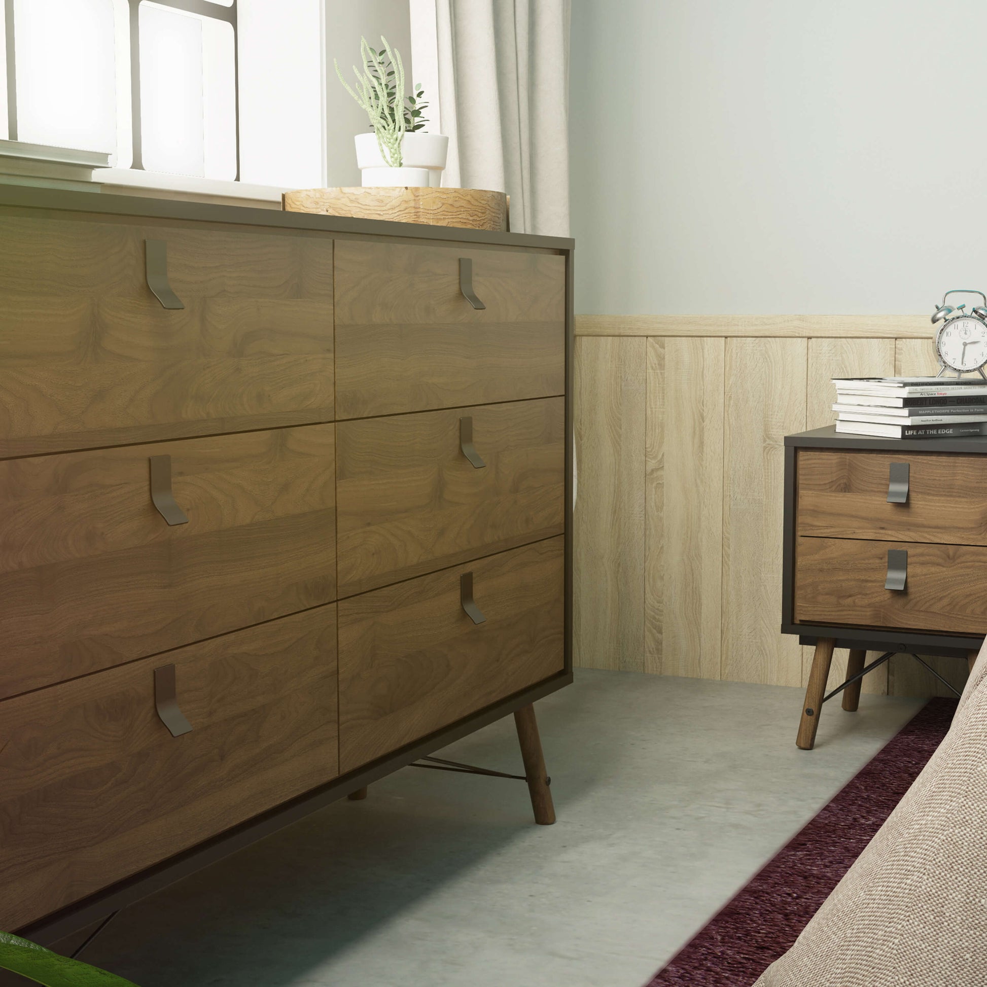 Ry Wide double chest of drawers 6 drawers in Matt Black Walnut - wide chest of drawers ModelBedroom