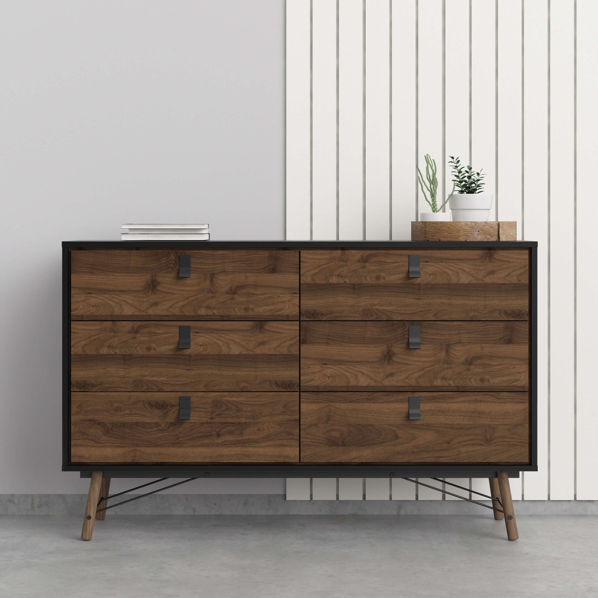 Ry Wide double chest of drawers 6 drawers in Matt Black Walnut - wide chest of drawers ModelBedroom