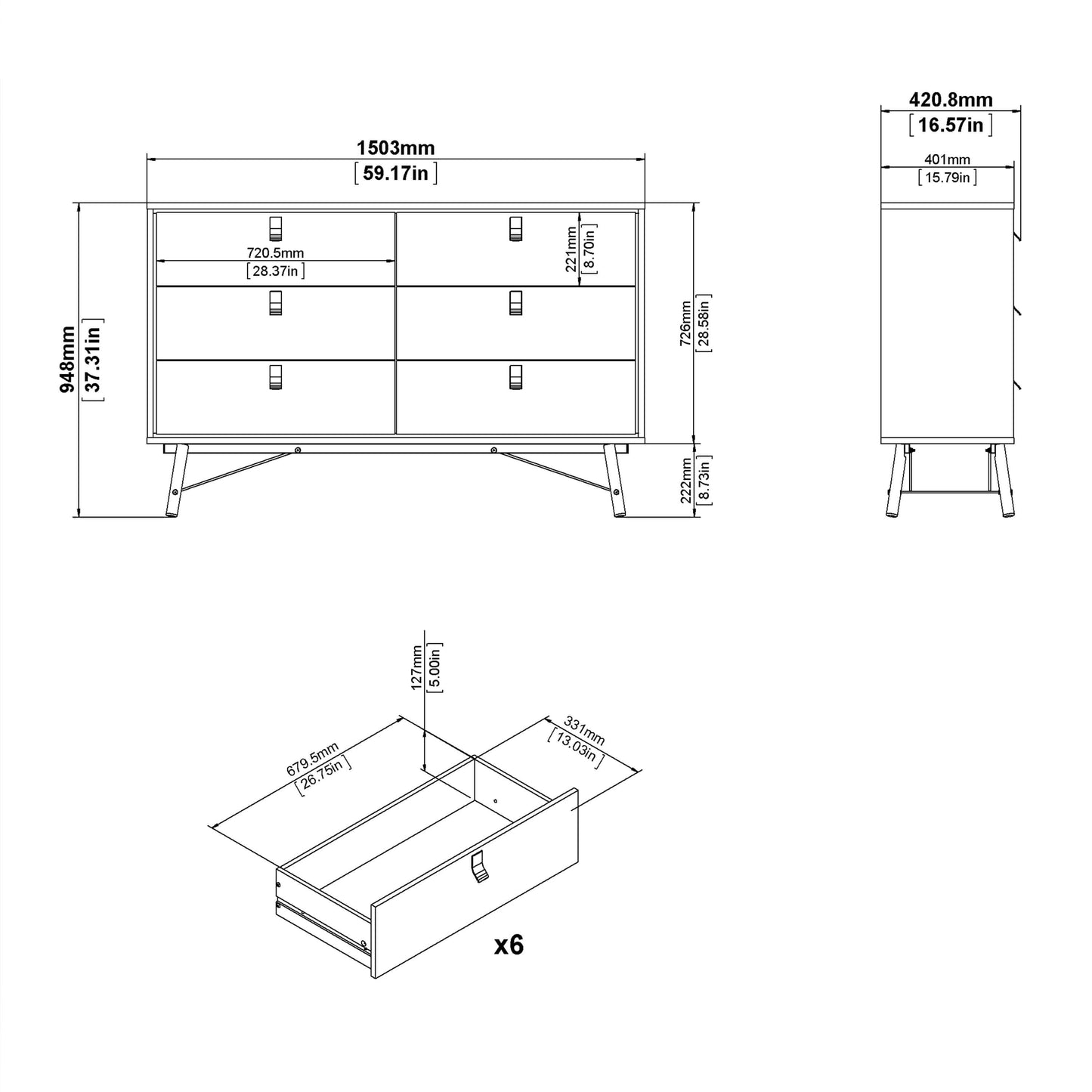 Ry Wide double chest of drawers 6 drawers in Matt White - wide 6chest of drawers ModelBedroom