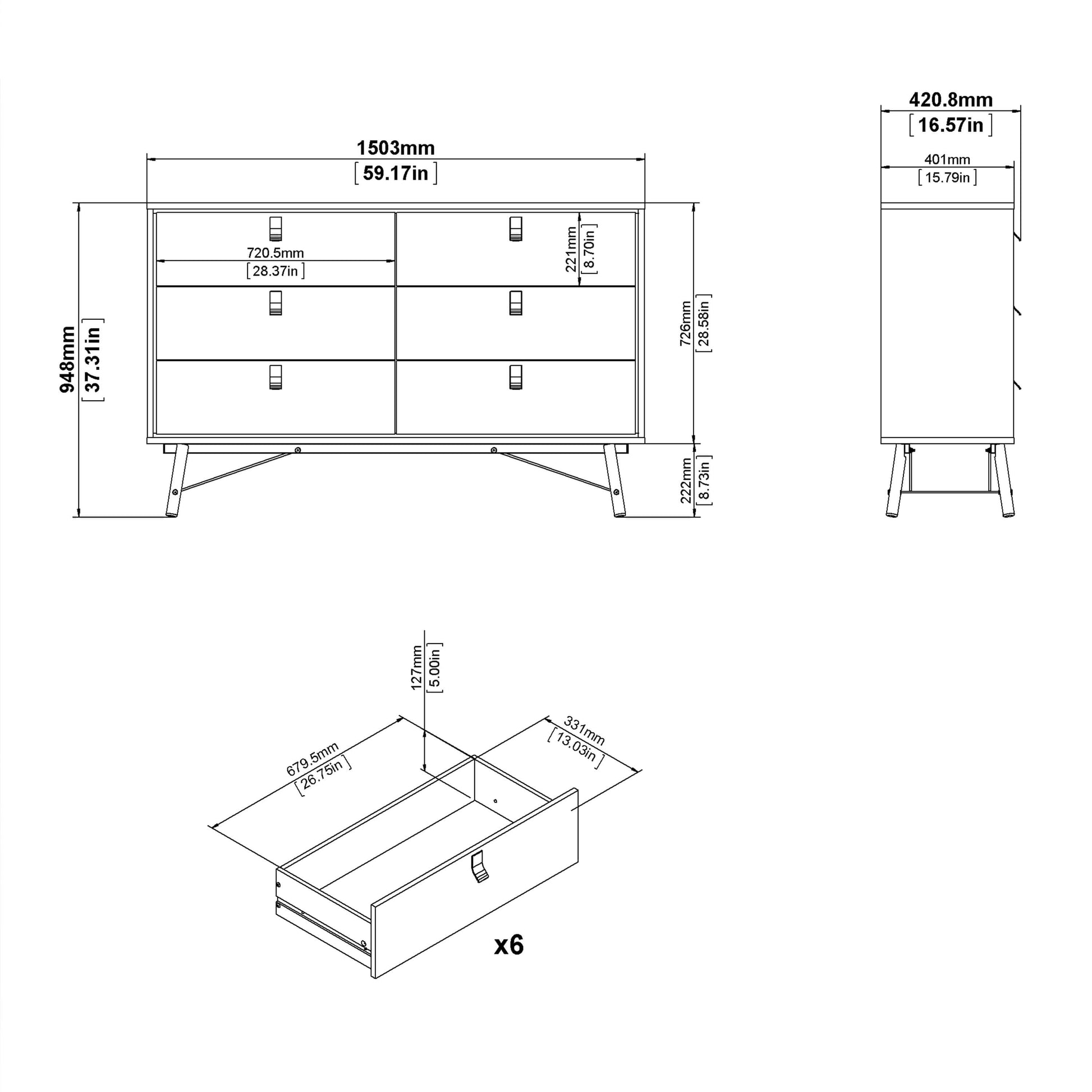 Ry Wide double chest of drawers 6 drawers in Matt White - wide 6chest of drawers ModelBedroom