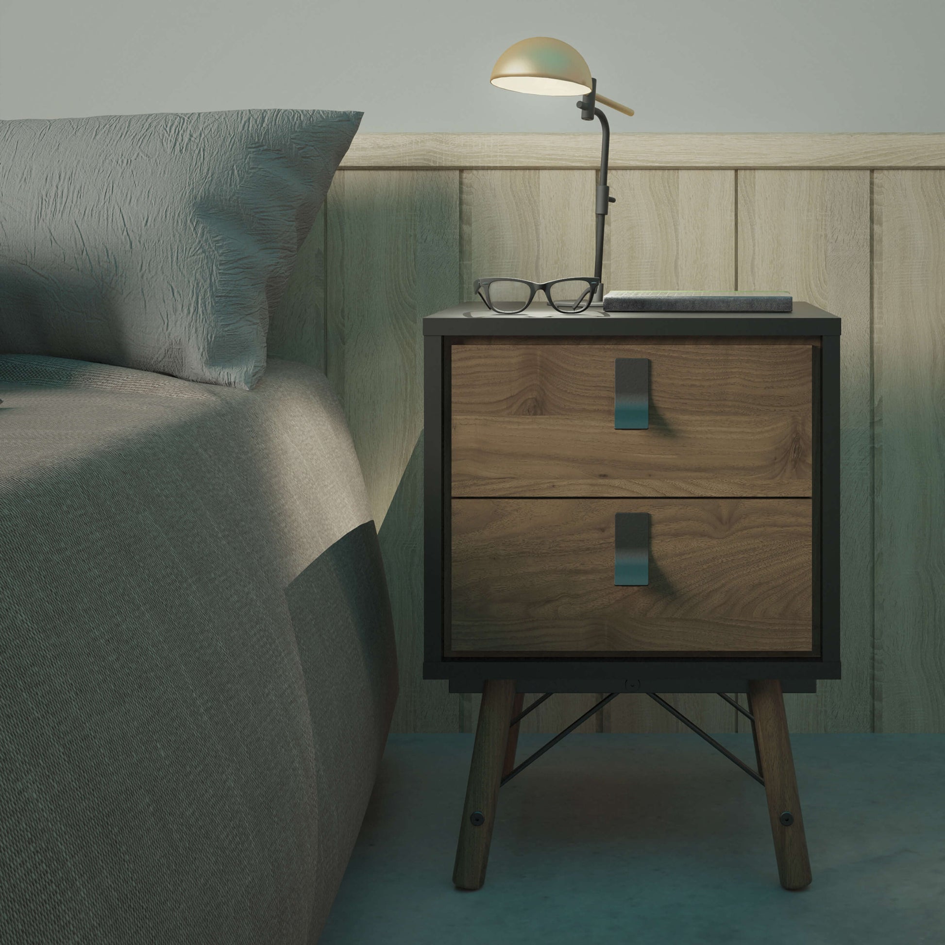 Ry Bedside cabinet 2 drawer in Matt Black Walnut ModelBedroom