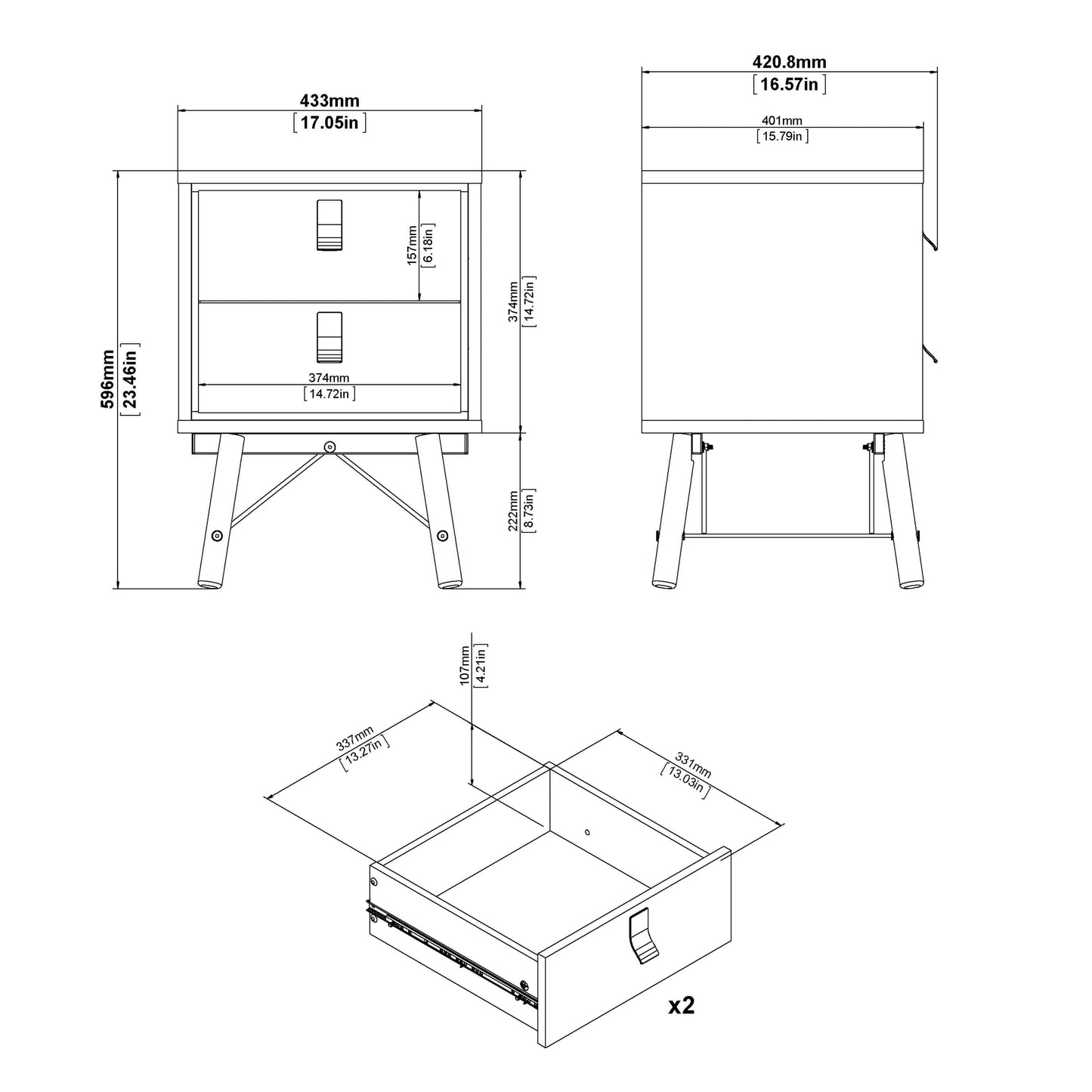 Ry Bedside cabinet 2 drawer in Matt White ModelBedroom