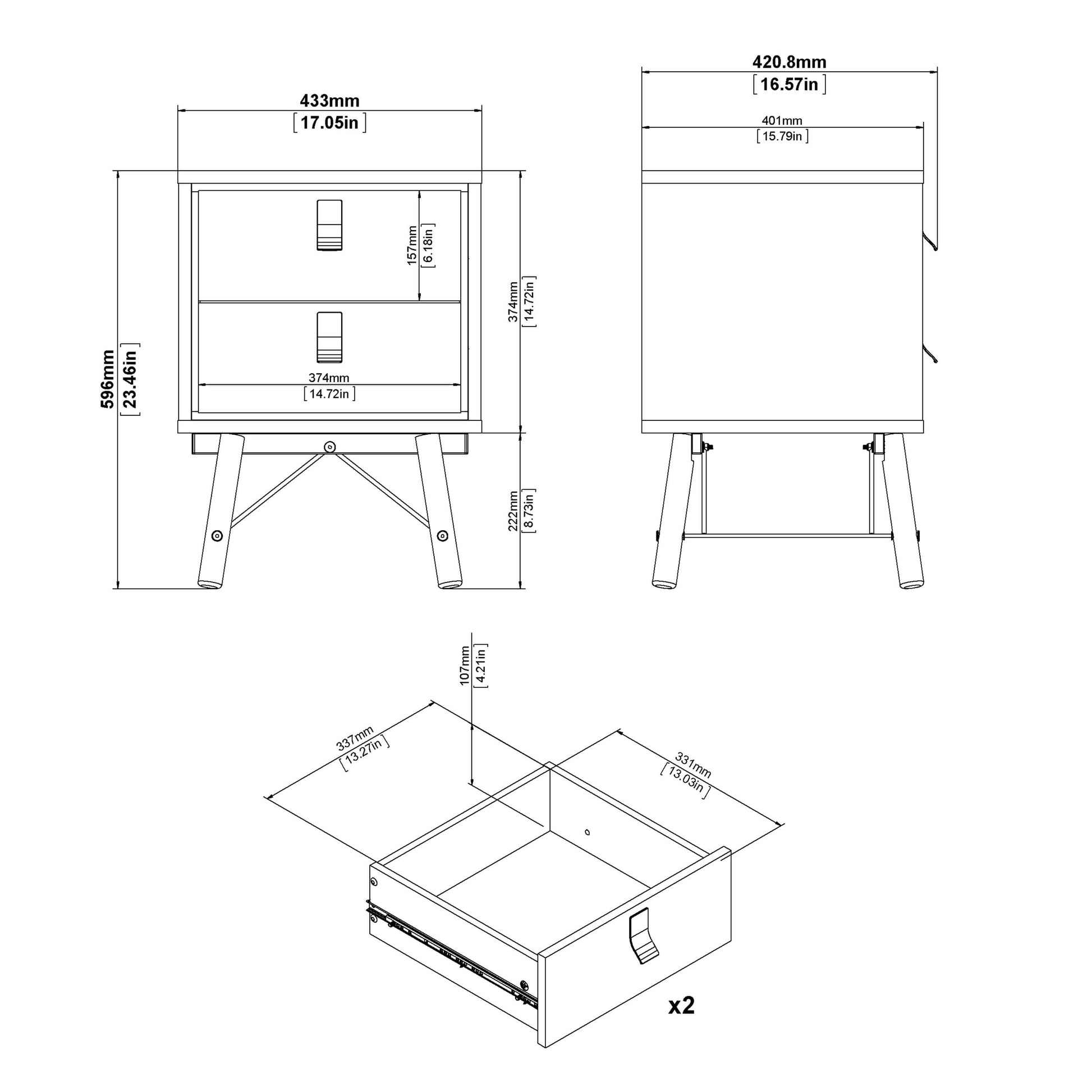 Ry Bedside cabinet 2 drawer in Matt White ModelBedroom