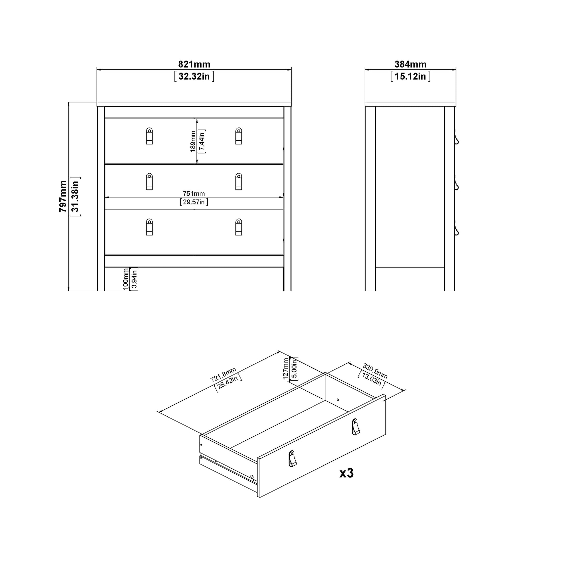 Barcelona Chest 3 drawers in Matt Black ModelBedroom