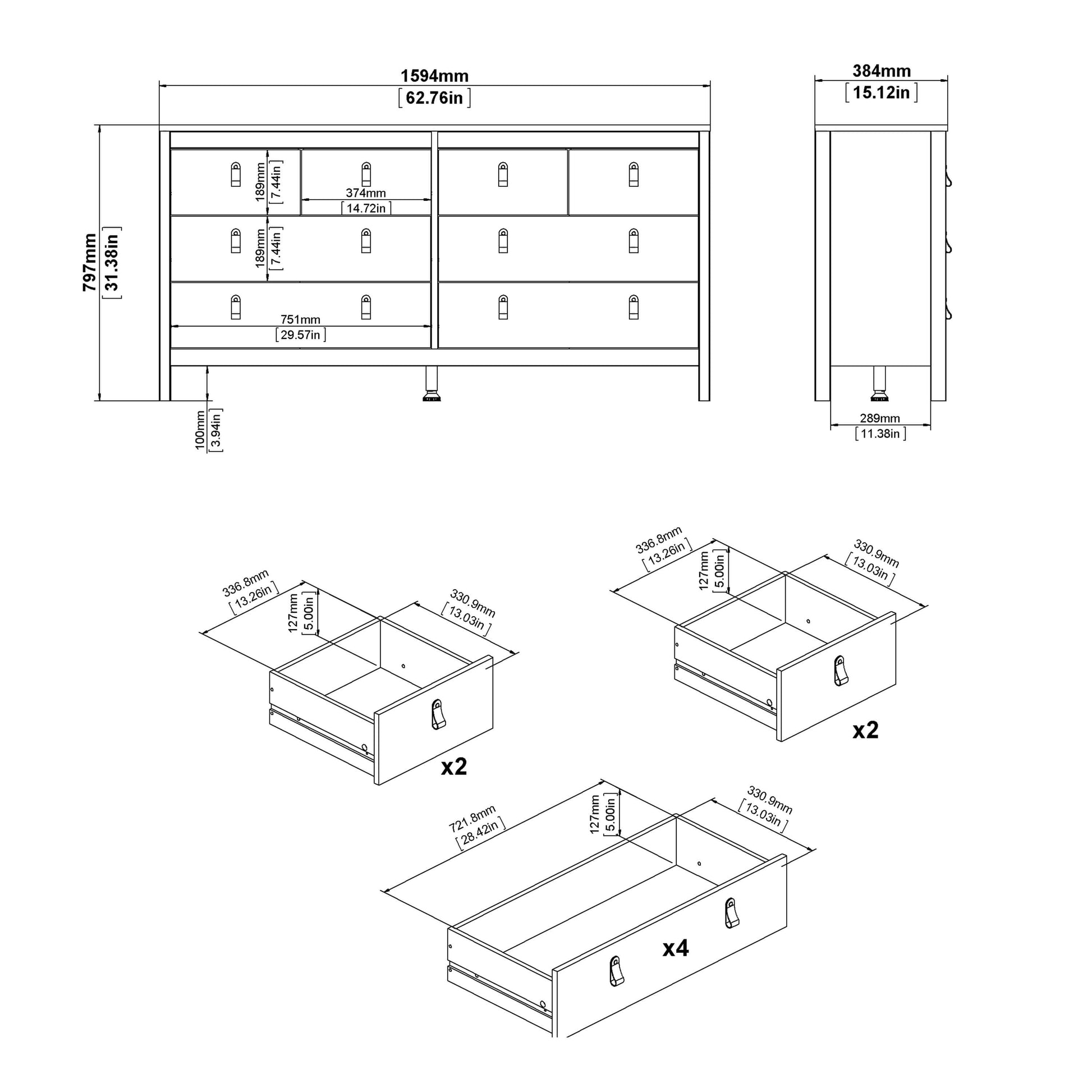 Barcelona Double dresser 4+4 drawers in Matt Black ModelBedroom