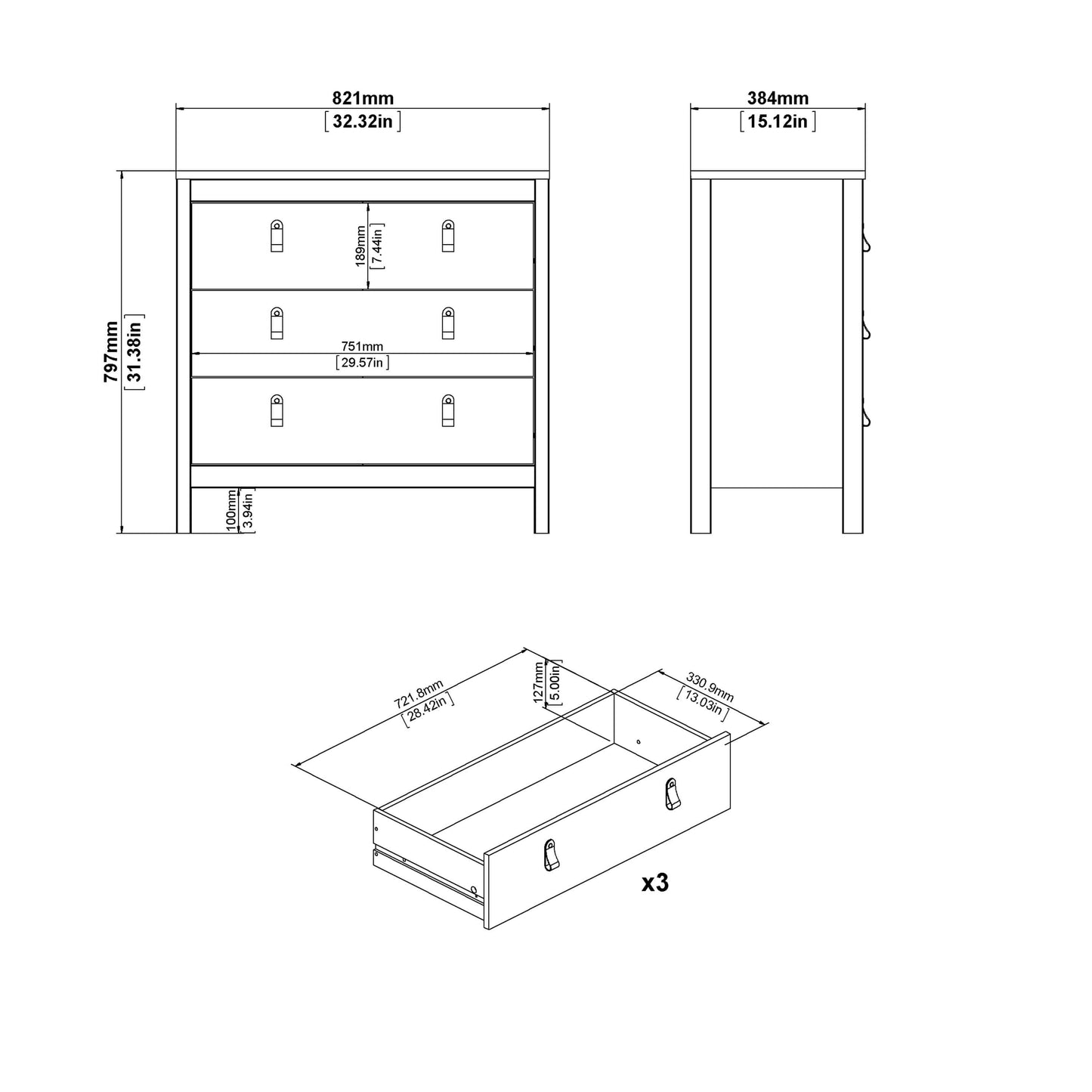 Madrid Chest 3 drawers in White - 3 Drawer Chest of Drawers ModelBedroom