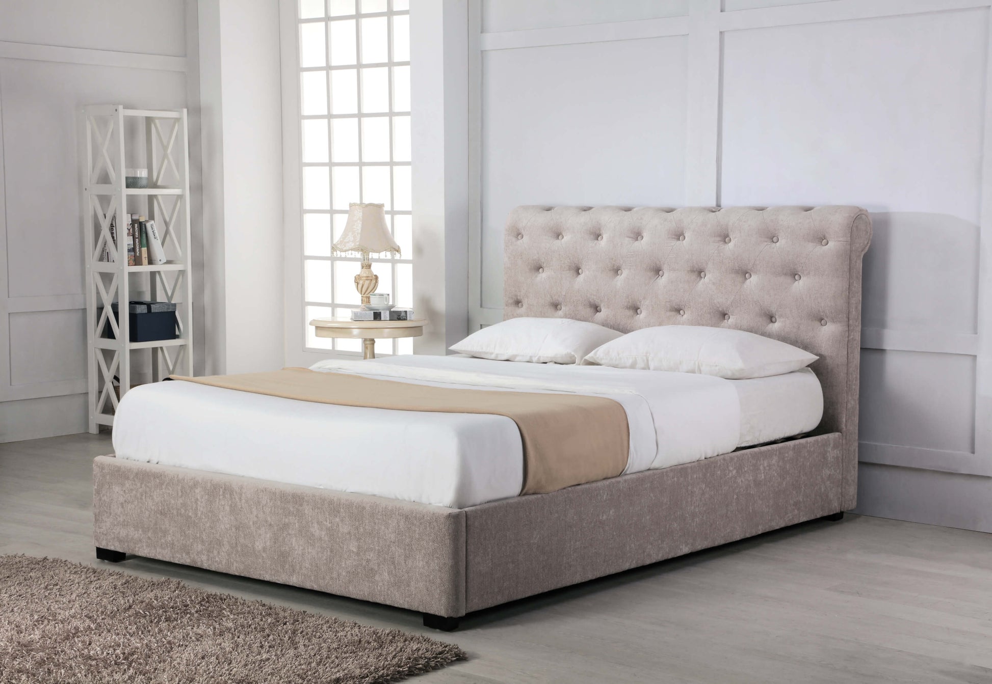 Balmoral Fabric Ottoman Bed In Stone ModelBedroom