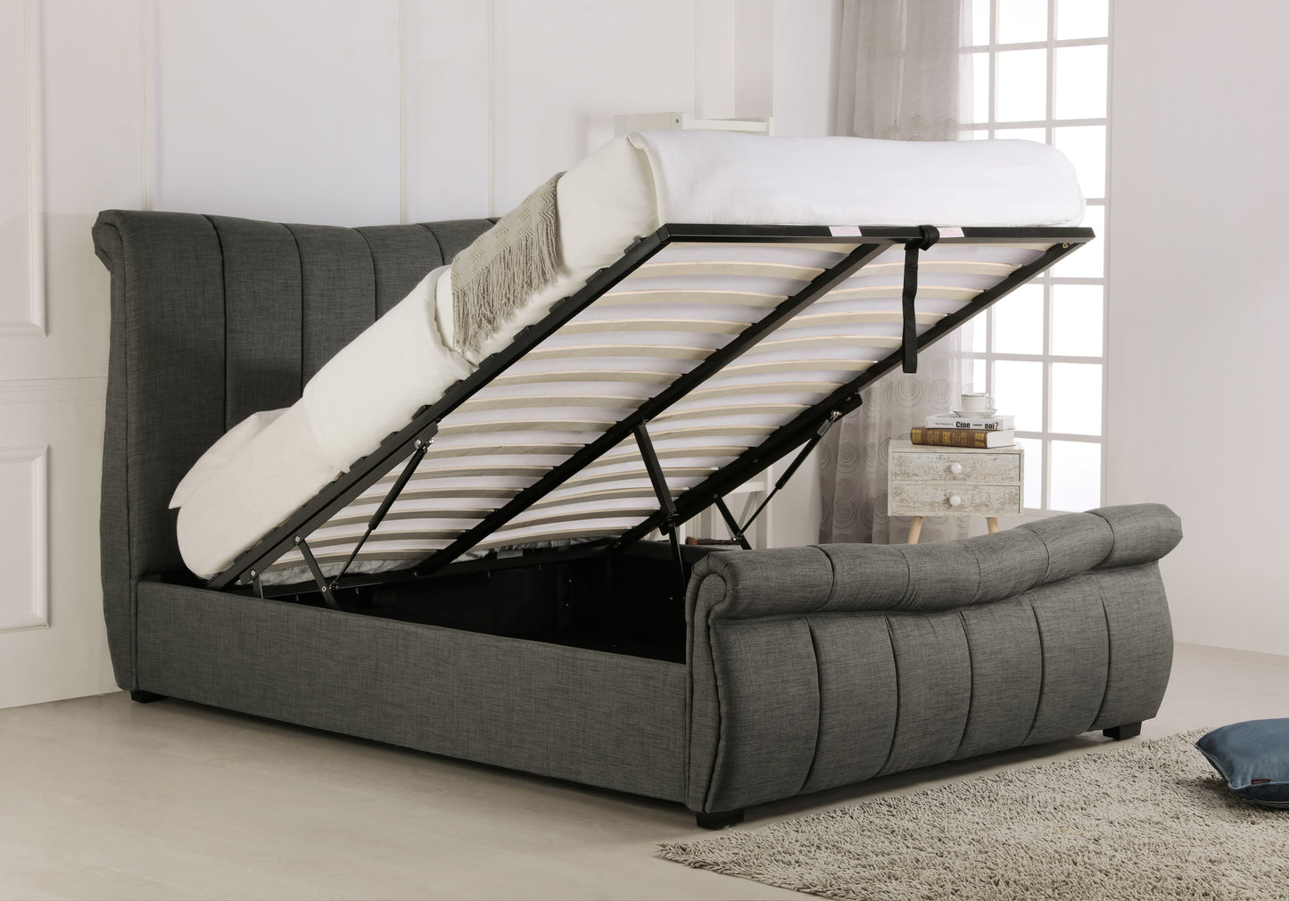 Bosworth Fabric Ottoman Bed Frame in Grey ModelBedroom