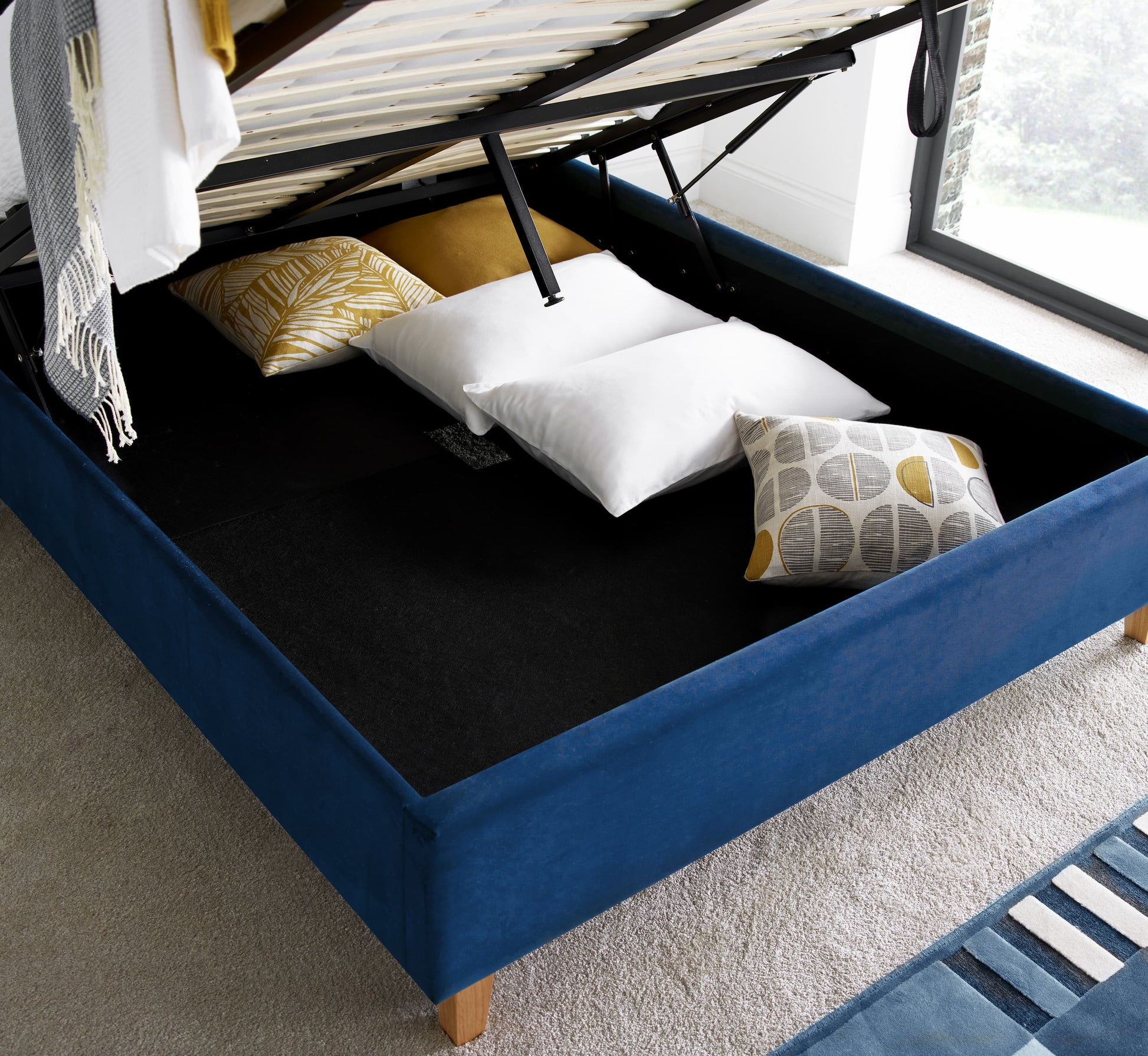 Bedmaster Kingham Blue Velvet Ottoman Bed - Kingham Ottoman Bed Blue ModelBedroom