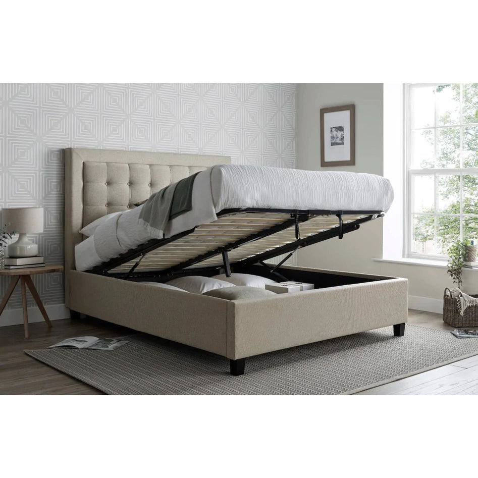 Brandon Oatmeal Fabric Ottoman Bed - Double ModelBedroom