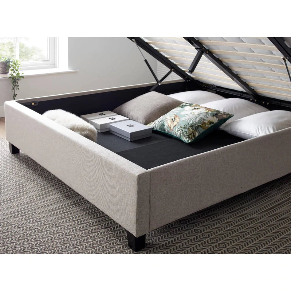 Brandon Oatmeal Fabric Ottoman Bed - Double ModelBedroom